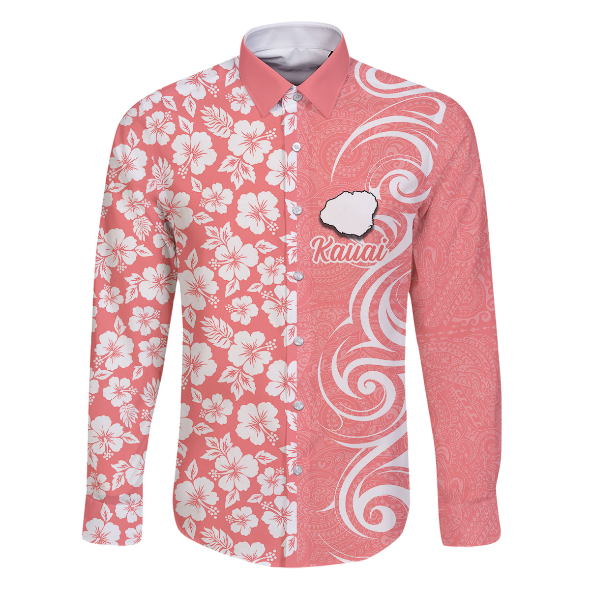 Hawaii Kauai Island Family Matching Puletasi Dress and Hawaiian Shirt Hibiscus Pattern Seamless Tribal Simple Pink Pastel LT03 Dad's Shirt - Long Sleeve Pink - Polynesian Pride