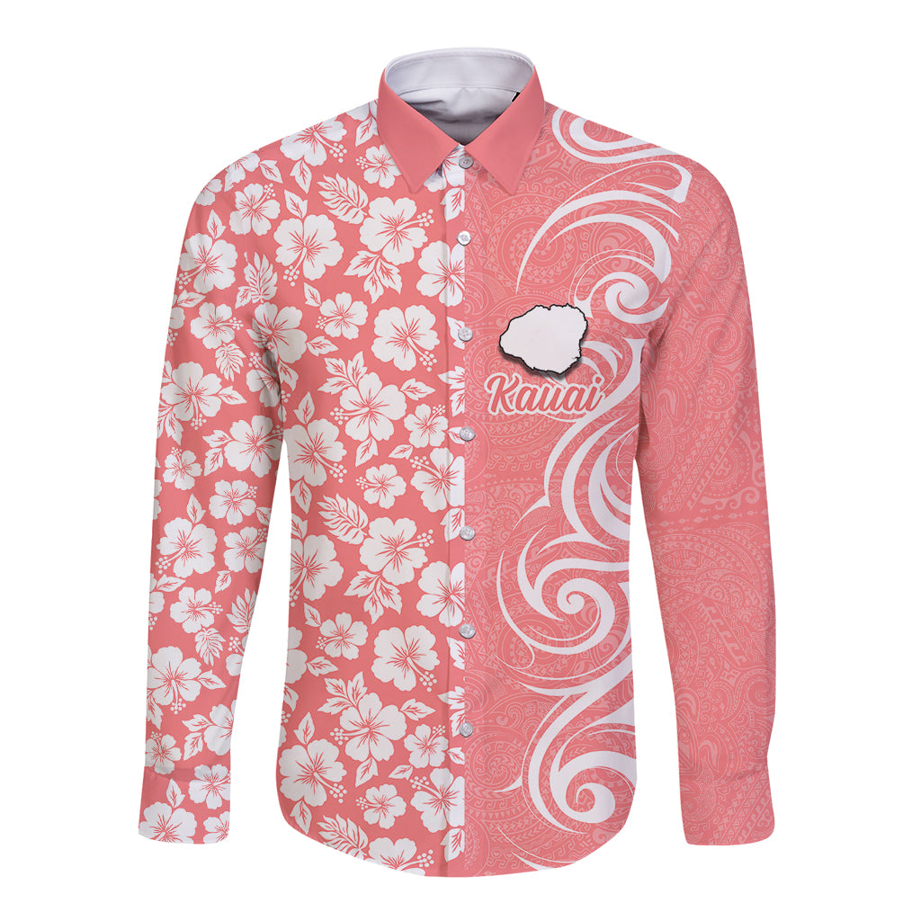 Hawaii Kauai Island Long Sleeve Button Shirt Hibiscus Pattern Seamless