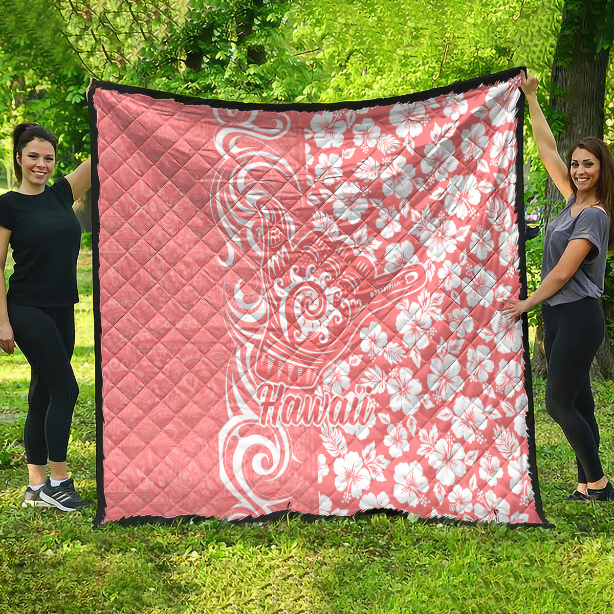 Hawaii Kauai Island Quilt Hibiscus Pattern Seamless Tribal Simple Pink Pastel LT03 - Polynesian Pride