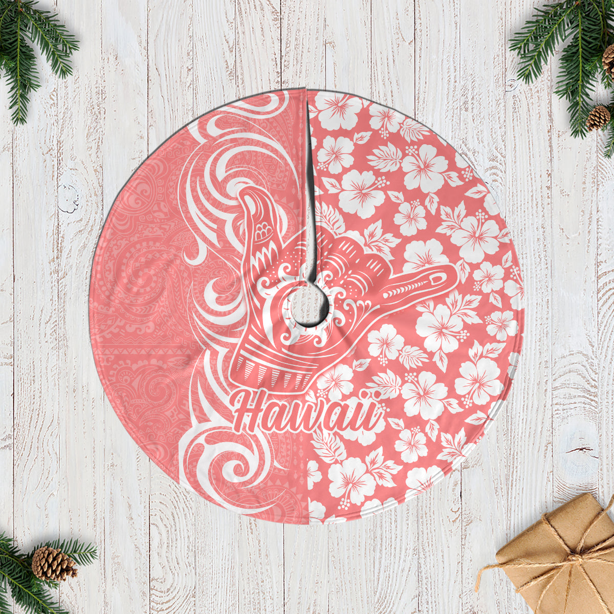 Hawaii Kauai Island Tree Skirt Hibiscus Pattern Seamless Tribal Simple Pink Pastel LT03 Pink - Polynesian Pride