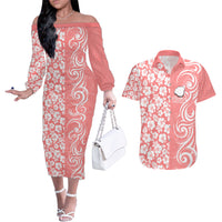 Custom Hawaii Kauai Island Couples Matching Off The Shoulder Long Sleeve Dress and Hawaiian Shirt Hibiscus Pattern Seamless Tribal Simple Pink Pastel LT03 Pink - Polynesian Pride