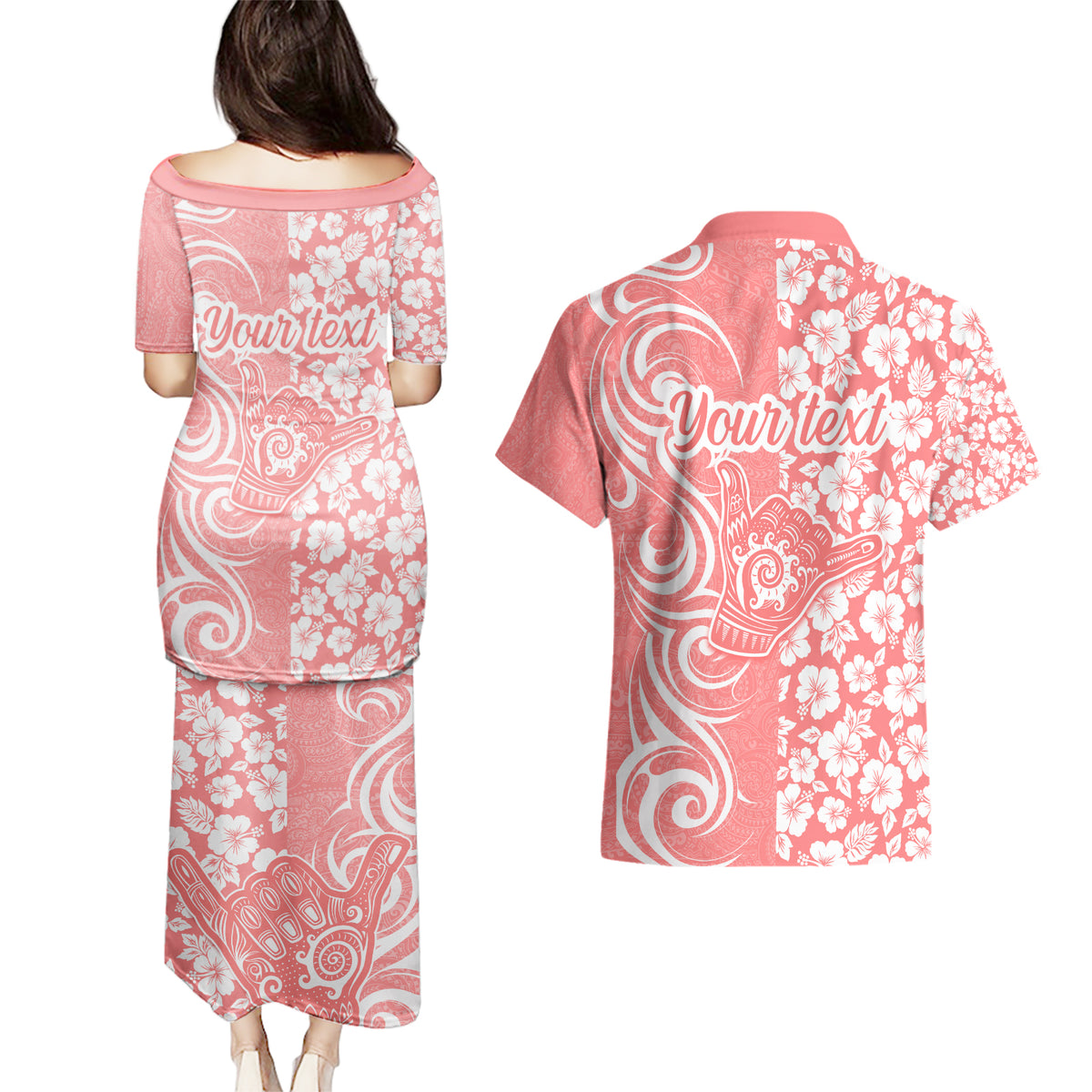 Custom Hawaii Kauai Island Couples Matching Puletasi Dress and Hawaiian Shirt Hibiscus Pattern Seamless Tribal Simple Pink Pastel LT03 - Polynesian Pride