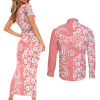 Custom Hawaii Kauai Island Couples Matching Short Sleeve Bodycon Dress and Long Sleeve Button Shirts Hibiscus Pattern Seamless Tribal Simple Pink Pastel LT03 - Polynesian Pride