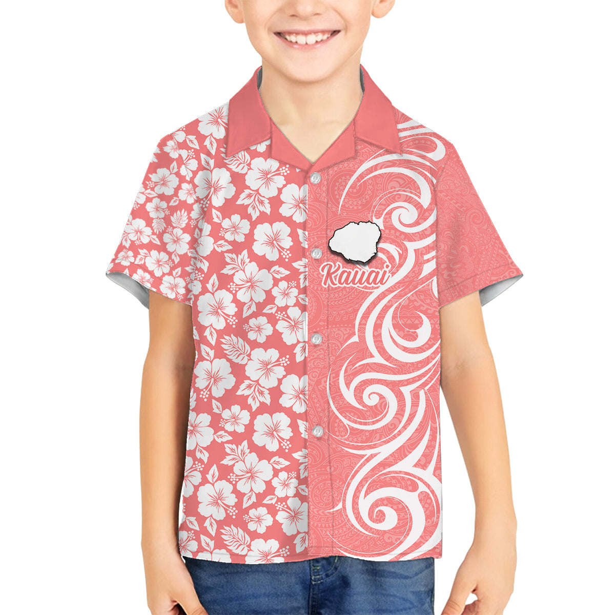 Custom Hawaii Kauai Island Family Matching Off Shoulder Long Sleeve Dress and Hawaiian Shirt Hibiscus Pattern Seamless Tribal Simple Pink Pastel LT03 Son's Shirt Pink - Polynesian Pride