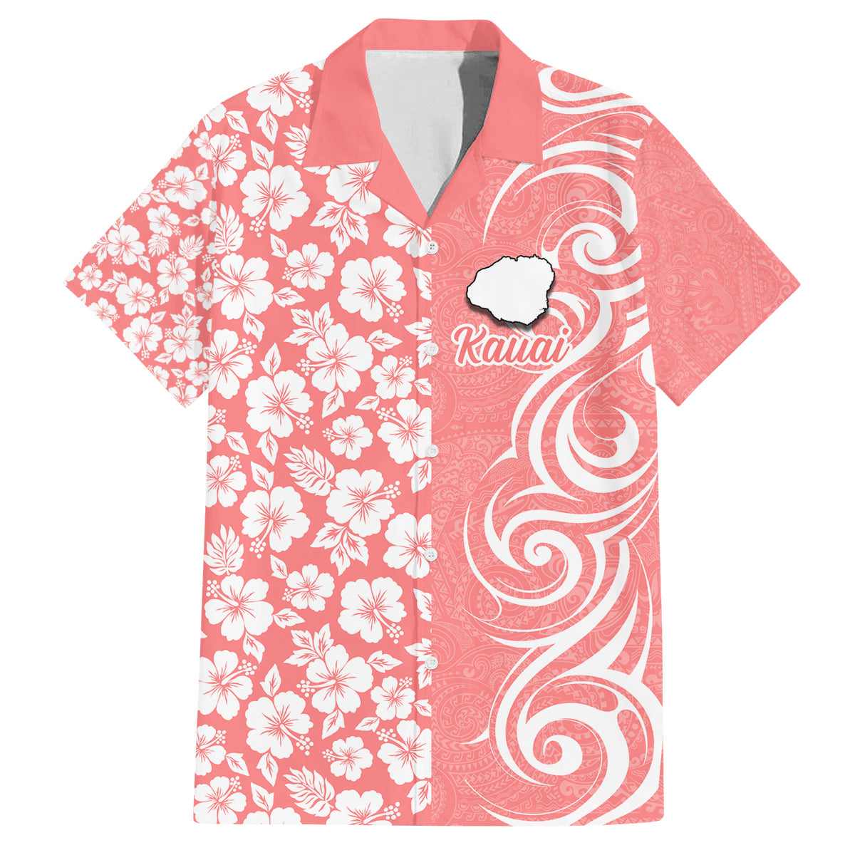 Custom Hawaii Kauai Island Family Matching Off Shoulder Maxi Dress and Hawaiian Shirt Hibiscus Pattern Seamless Tribal Simple Pink Pastel LT03 Dad's Shirt - Short Sleeve Pink - Polynesian Pride