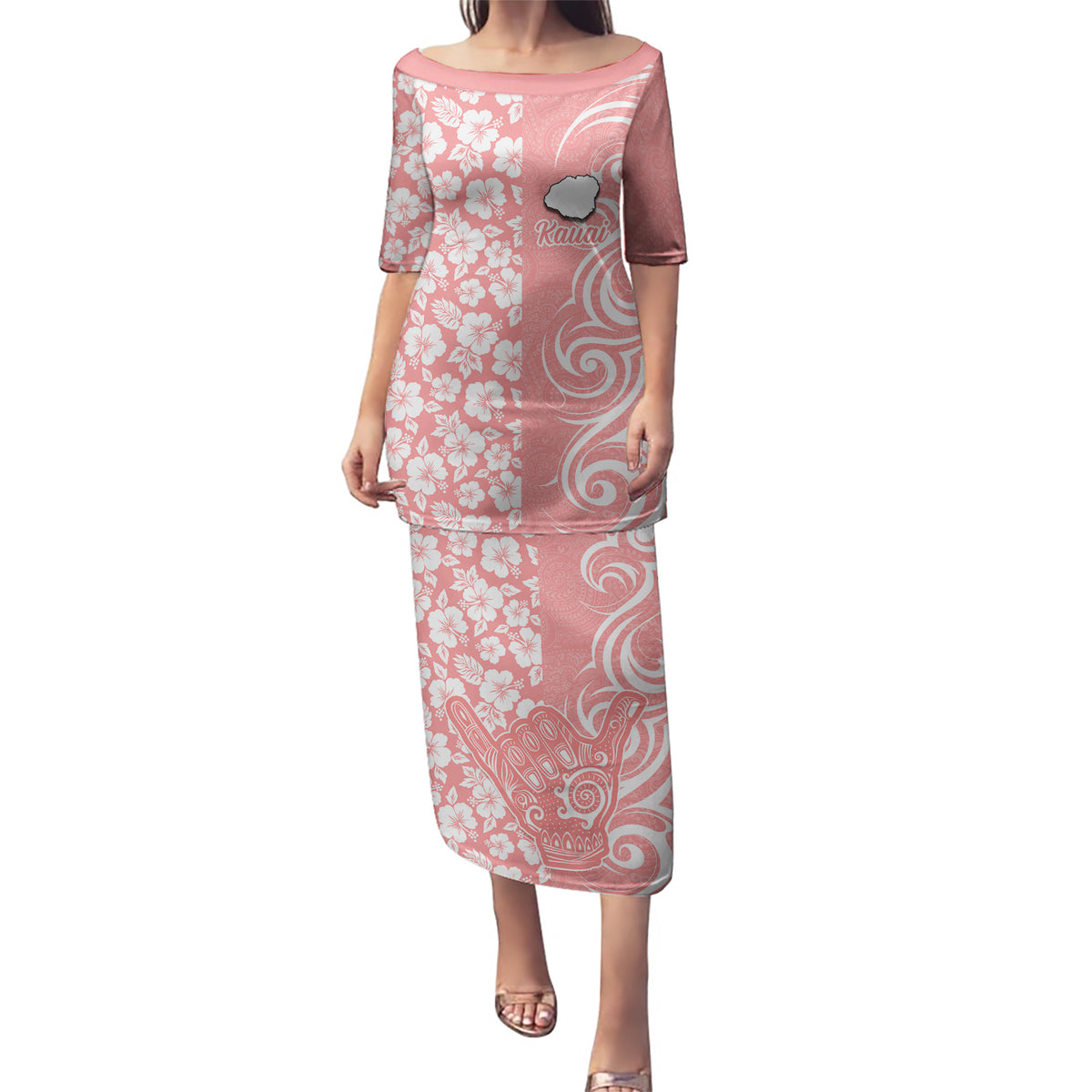 Custom Hawaii Kauai Island Puletasi Hibiscus Pattern Seamless Tribal Simple Pink Pastel LT03 Long Dress Pink - Polynesian Pride