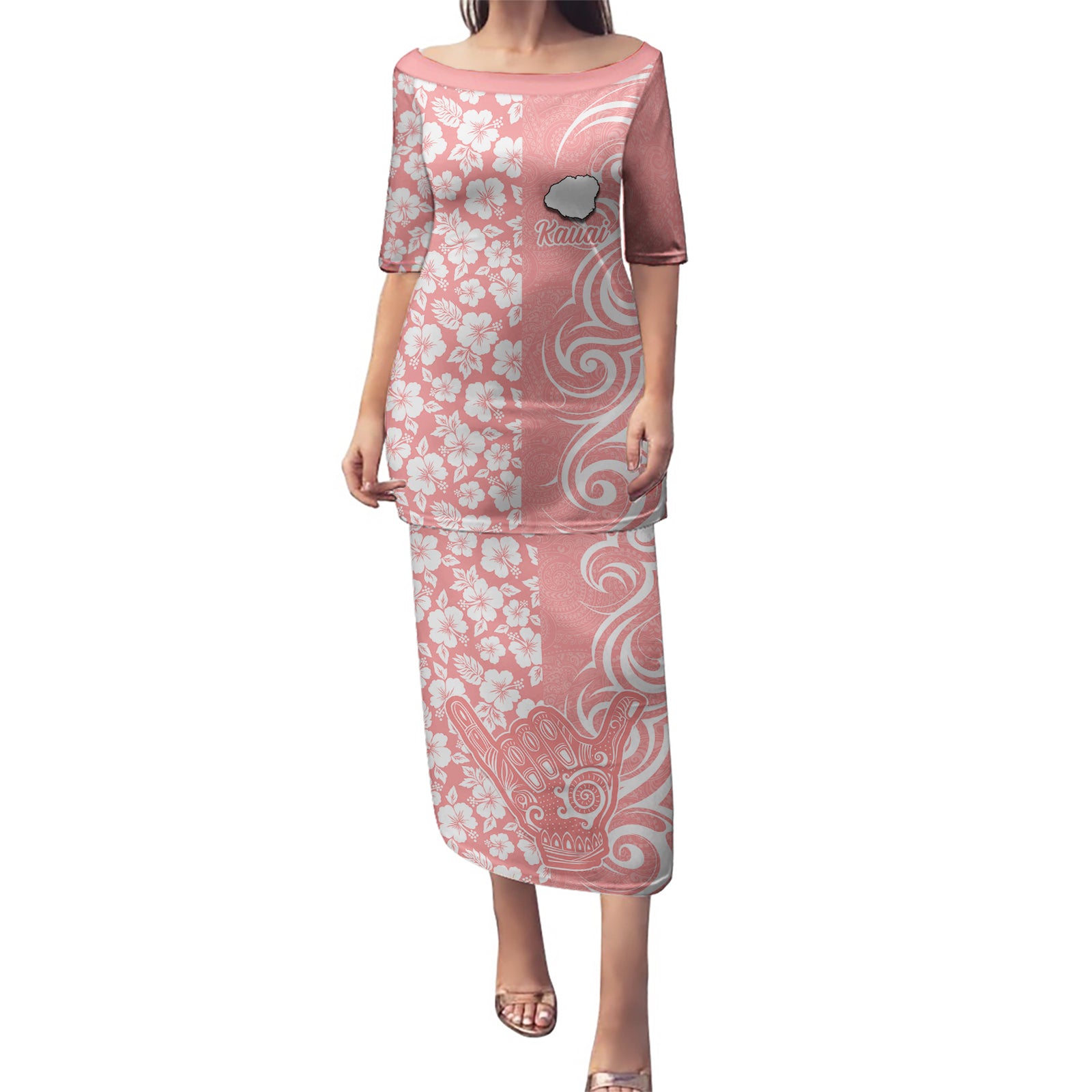 Custom Hawaii Kauai Island Puletasi Hibiscus Pattern Seamless Tribal Simple Pink Pastel LT03 Long Dress Pink - Polynesian Pride