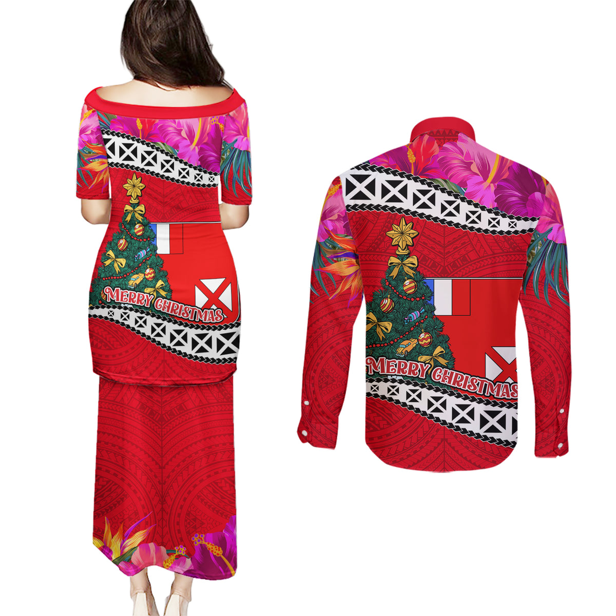 Wallis and Futuna Christmas Couples Matching Puletasi Dress and Long Sleeve Button Shirt Santa Claus Holding Coat of Arms Polynesian Xmas Style LT03 - Polynesian Pride