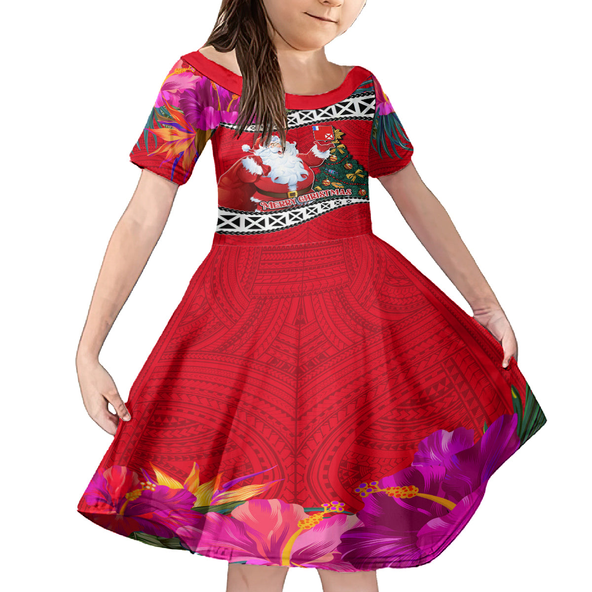 Wallis and Futuna Christmas Family Matching Off Shoulder Short Dress and Hawaiian Shirt Santa Claus Holding Coat of Arms Polynesian Xmas Style LT03 Daughter's Dress Red - Polynesian Pride