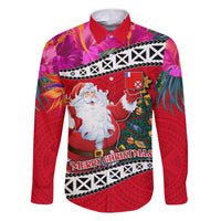 Wallis and Futuna Christmas Family Matching Summer Maxi Dress and Hawaiian Shirt Santa Claus Holding Coat of Arms Polynesian Xmas Style LT03 Dad's Shirt - Long Sleeve Red - Polynesian Pride