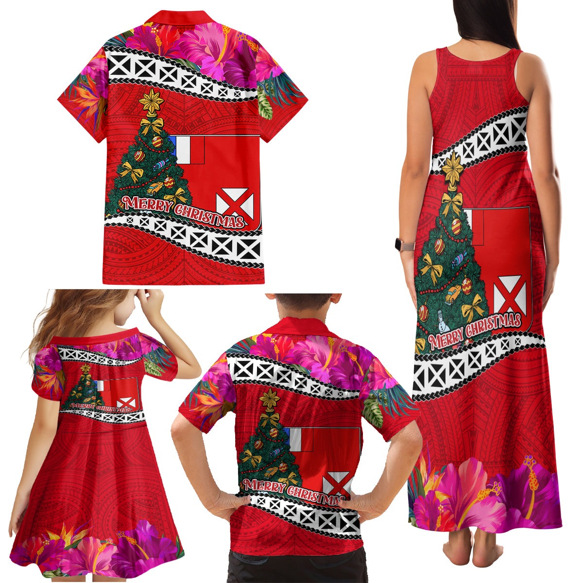 Wallis and Futuna Christmas Family Matching Tank Maxi Dress and Hawaiian Shirt Santa Claus Holding Coat of Arms Polynesian Xmas Style LT03 - Polynesian Pride