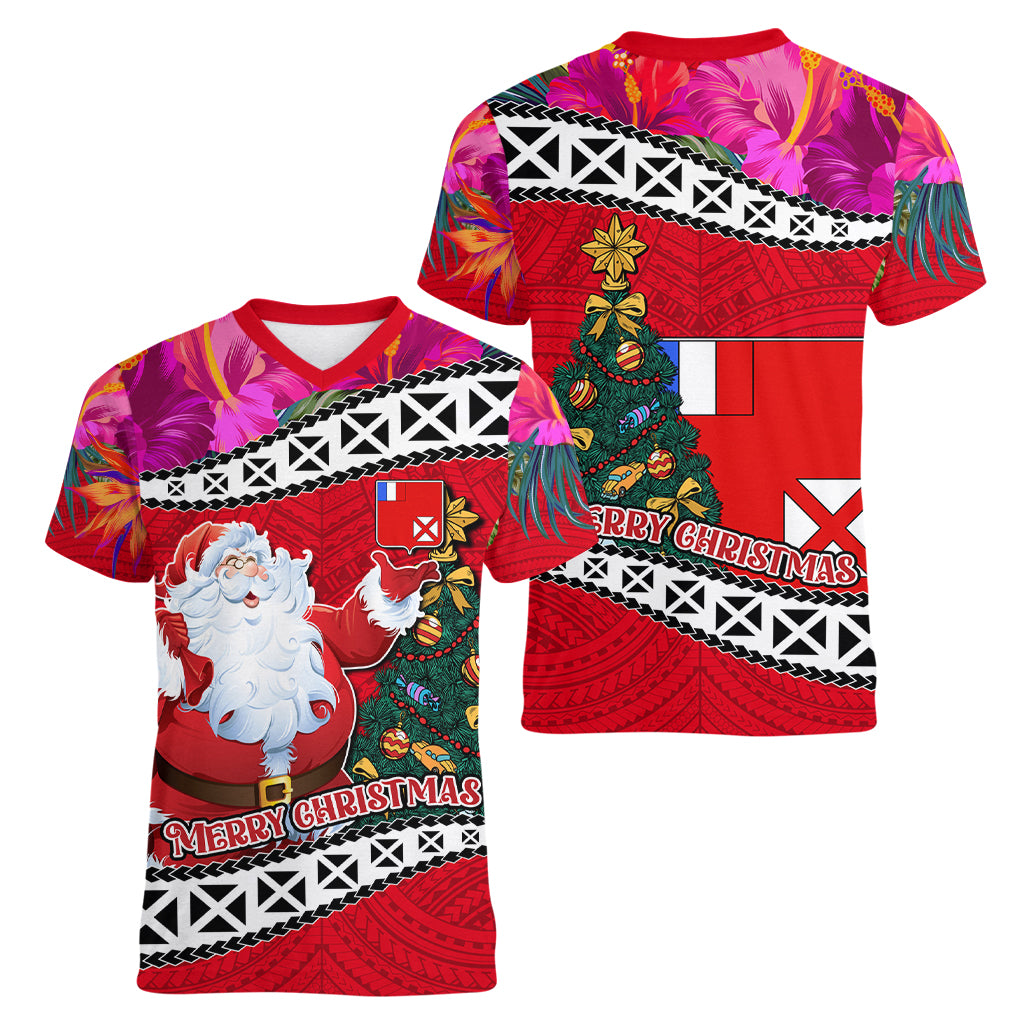 Wallis and Futuna Christmas Women V Neck T Shirt Santa Claus Holding Coat of Arms Polynesian Xmas Style LT03 - Polynesian Pride