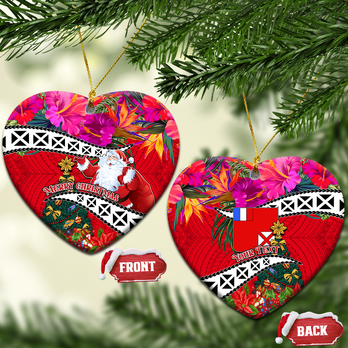 Custom Wallis and Futuna Christmas Ceramic Ornament Santa Claus Holding Coat of Arms Polynesian Xmas Style LT03 Heart Red - Polynesian Pride