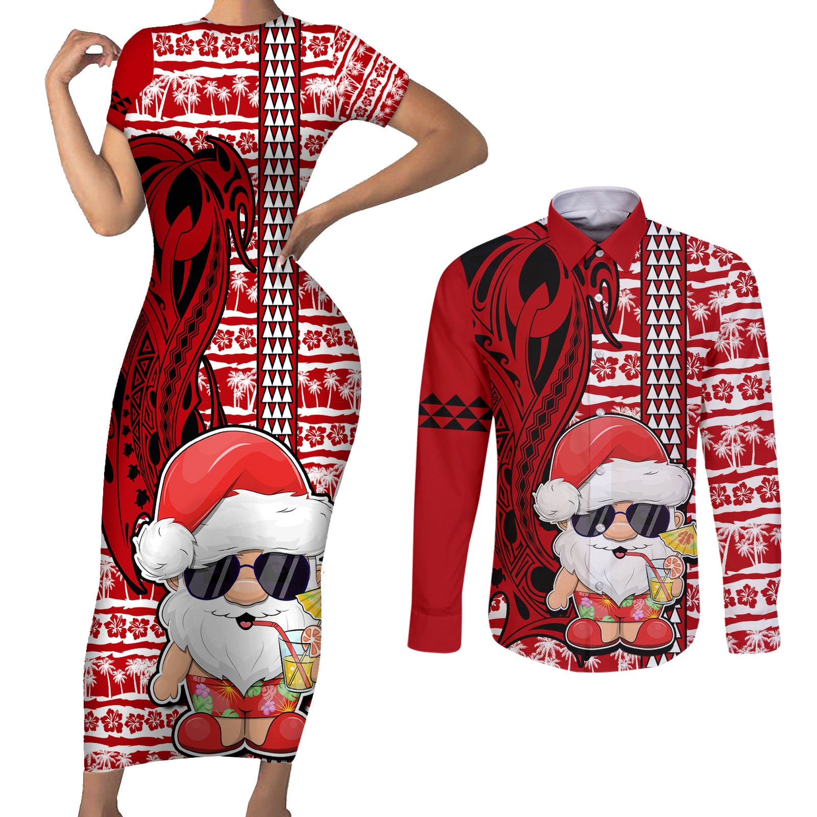Mele Kalikimaka Hawaii Christmas Couples Matching Short Sleeve Bodycon Dress and Long Sleeve Button Shirt Santa Claus Kakau Tribal Mix Polynesia Tattoo LT03 Red - Polynesian Pride