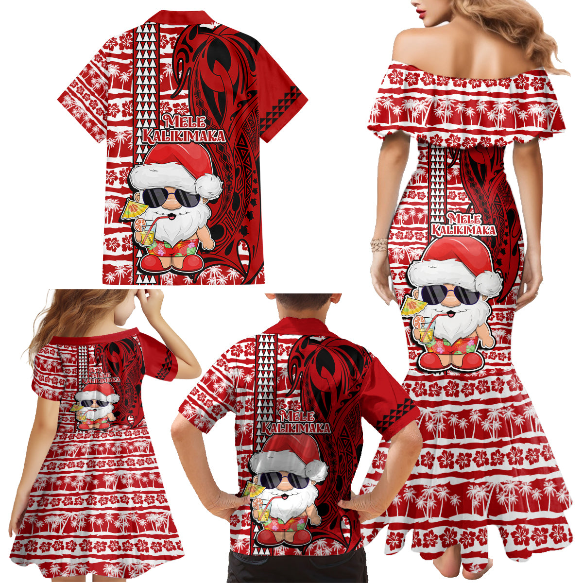 Mele Kalikimaka Hawaii Christmas Family Matching Mermaid Dress and Hawaiian Shirt Santa Claus Kakau Tribal Mix Polynesia Tattoo LT03 - Polynesian Pride