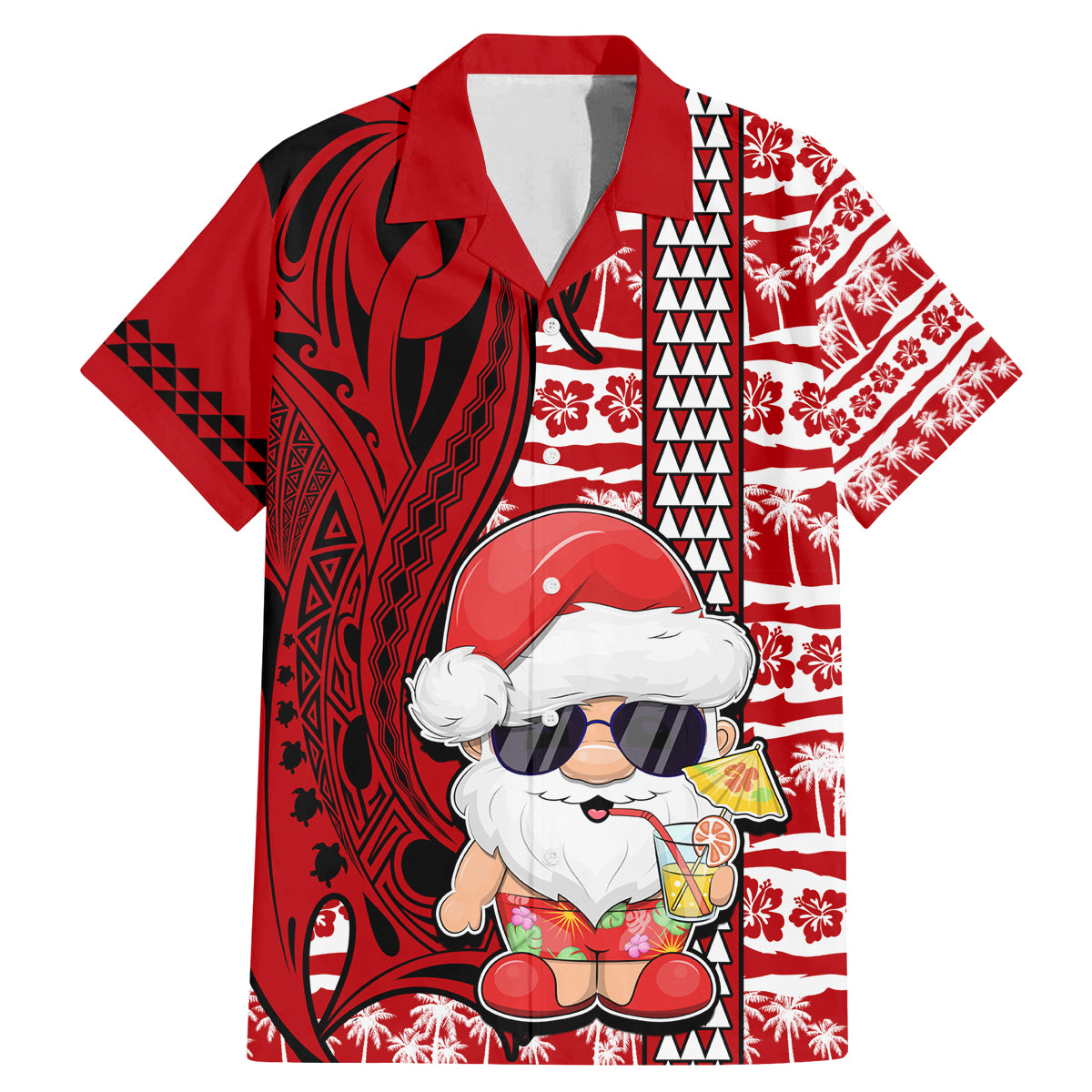 Mele Kalikimaka Hawaii Christmas Family Matching Mermaid Dress and Hawaiian Shirt Santa Claus Kakau Tribal Mix Polynesia Tattoo LT03 Dad's Shirt - Short Sleeve Red - Polynesian Pride