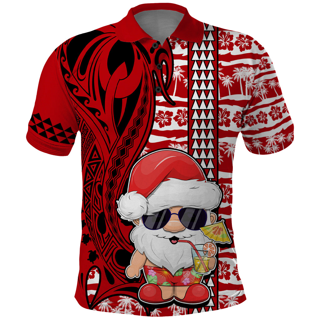 Mele Kalikimaka Hawaii Christmas Polo Shirt Santa Claus Kakau Tribal Mix Polynesia Tattoo LT03 Red - Polynesian Pride