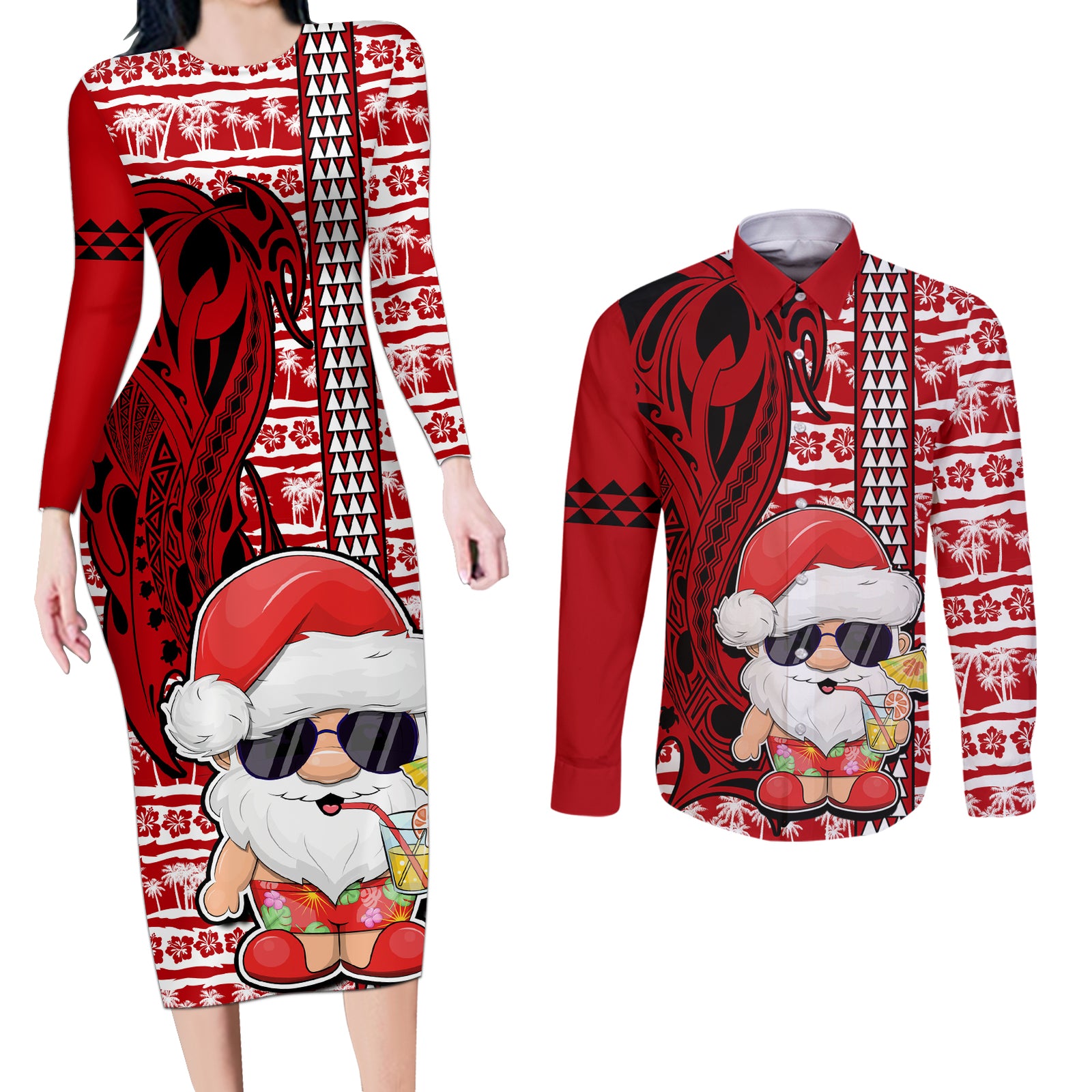 Custom Mele Kalikimaka Hawaii Christmas Couples Matching Long Sleeve Bodycon Dress and Long Sleeve Button Shirt Santa Claus Kakau Tribal Mix Polynesia Tattoo LT03 Red - Polynesian Pride