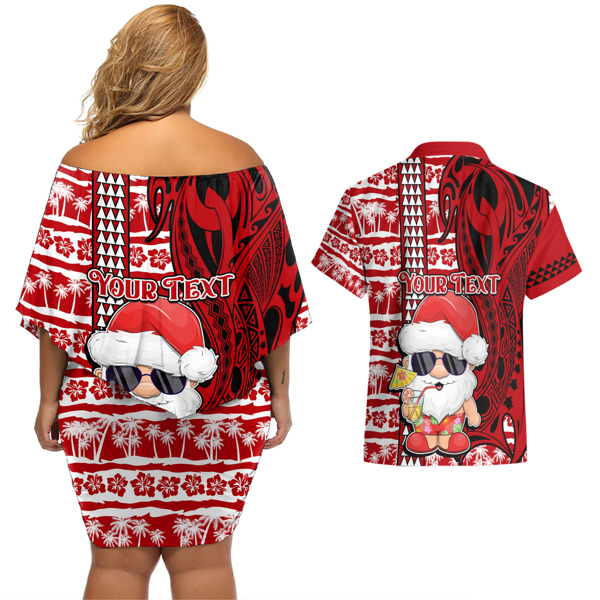 Custom Mele Kalikimaka Hawaii Christmas Couples Matching Off Shoulder Short Dress and Hawaiian Shirt Santa Claus Kakau Tribal Mix Polynesia Tattoo LT03 - Polynesian Pride