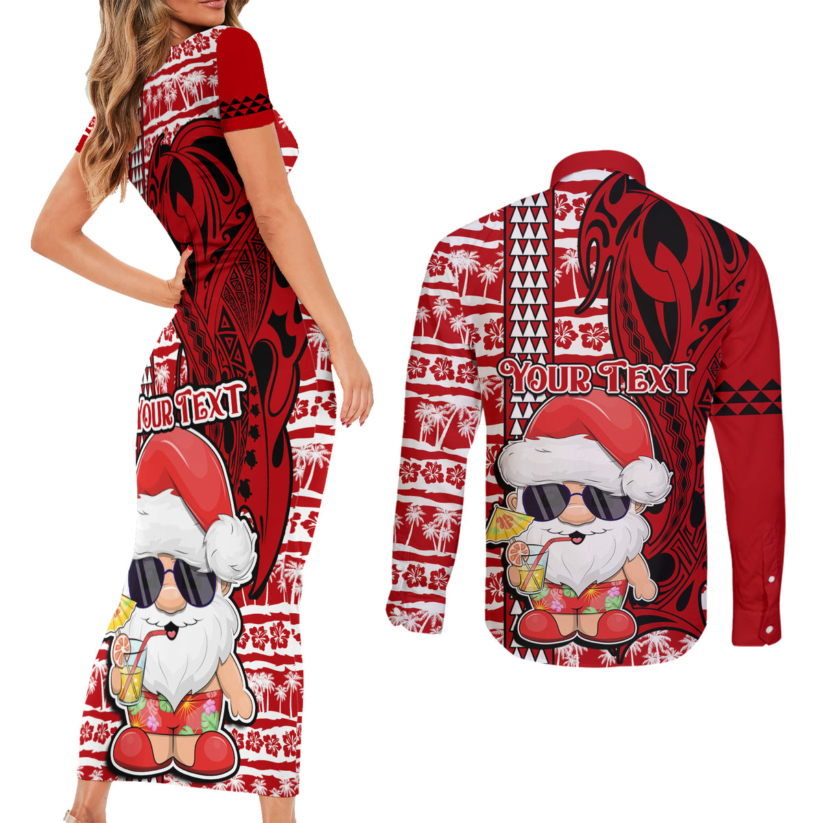 Custom Mele Kalikimaka Hawaii Christmas Couples Matching Short Sleeve Bodycon Dress and Long Sleeve Button Shirt Santa Claus Kakau Tribal Mix Polynesia Tattoo LT03 - Polynesian Pride