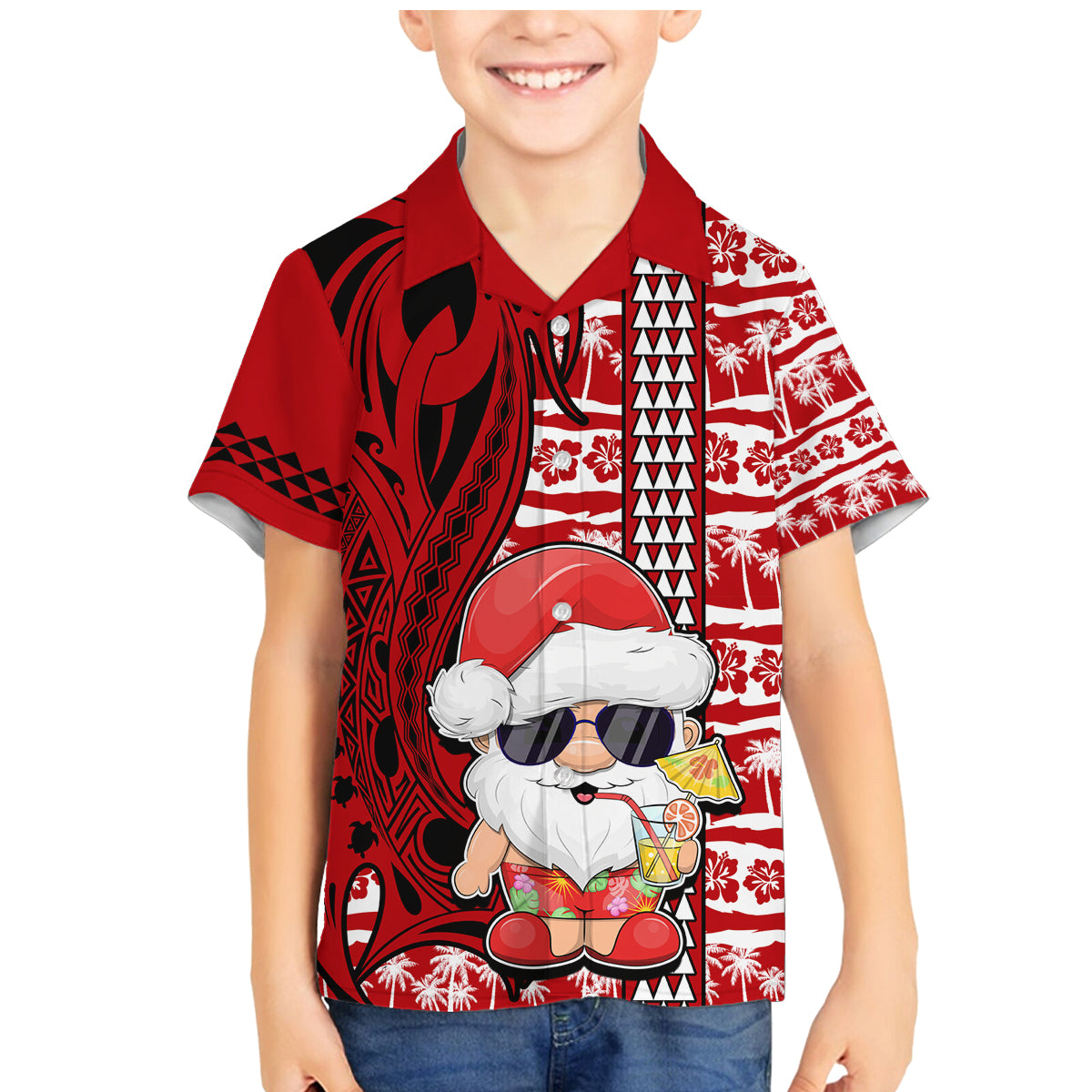 Custom Mele Kalikimaka Hawaii Christmas Family Matching Mermaid Dress and Hawaiian Shirt Santa Claus Kakau Tribal Mix Polynesia Tattoo LT03 Son's Shirt Red - Polynesian Pride