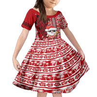 Custom Mele Kalikimaka Hawaii Christmas Family Matching Off Shoulder Long Sleeve Dress and Hawaiian Shirt Santa Claus Kakau Tribal Mix Polynesia Tattoo LT03 Daughter's Dress Red - Polynesian Pride