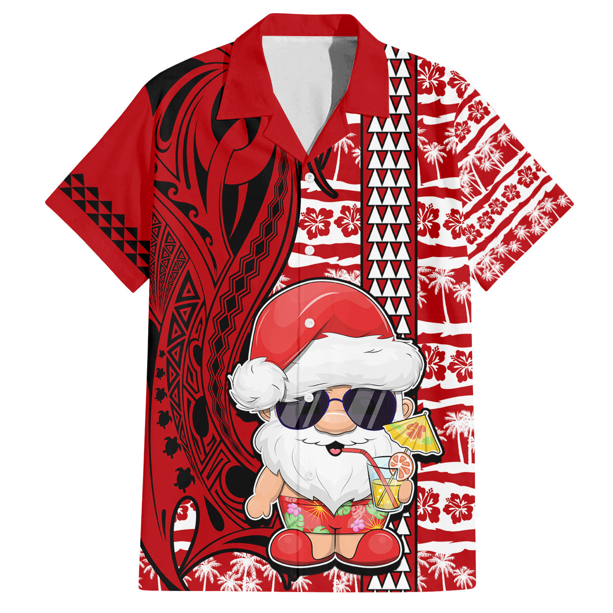Custom Mele Kalikimaka Hawaii Christmas Family Matching Puletasi Dress and Hawaiian Shirt Santa Claus Kakau Tribal Mix Polynesia Tattoo LT03 Dad's Shirt - Short Sleeve Red - Polynesian Pride