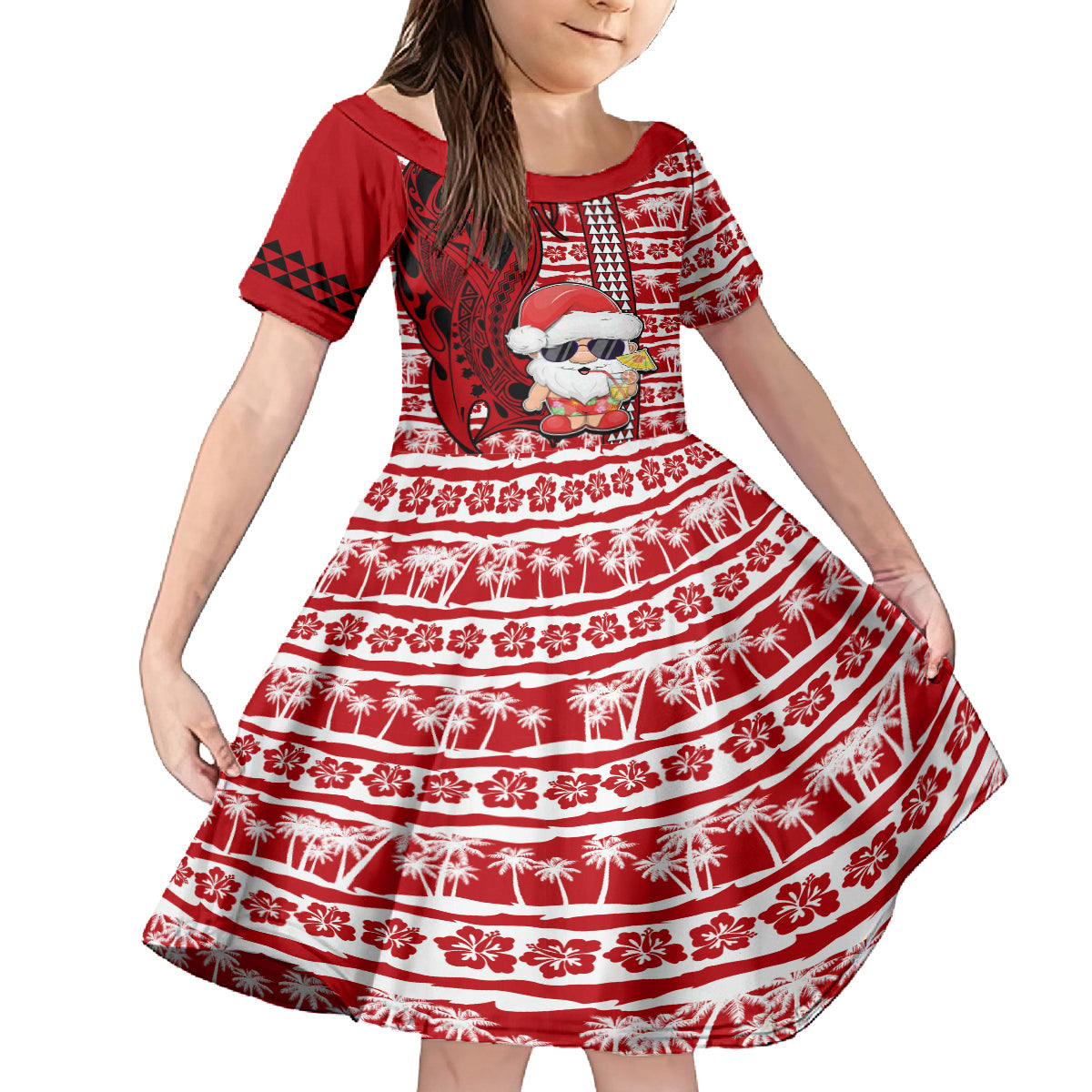 Custom Mele Kalikimaka Hawaii Christmas Family Matching Tank Maxi Dress and Hawaiian Shirt Santa Claus Kakau Tribal Mix Polynesia Tattoo LT03 Daughter's Dress Red - Polynesian Pride
