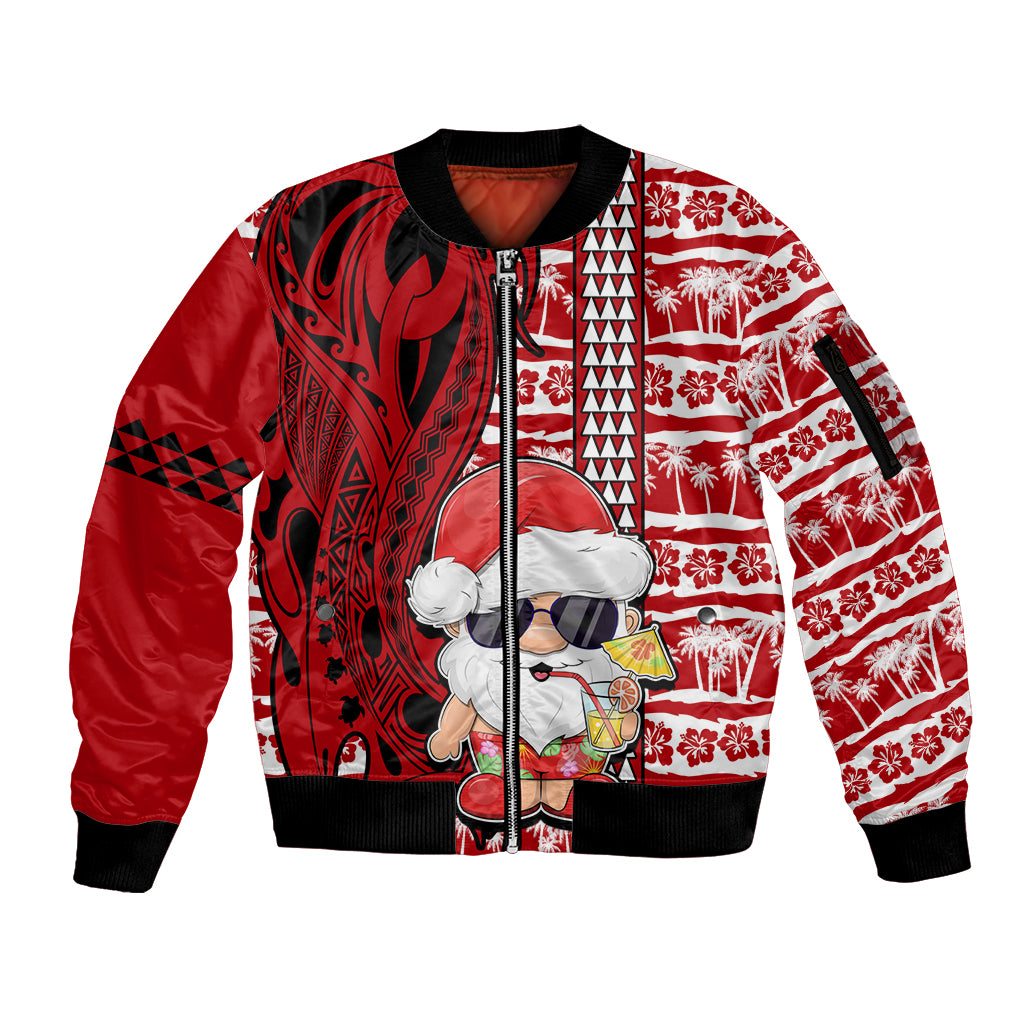 Custom Mele Kalikimaka Hawaii Christmas Sleeve Zip Bomber Jacket Santa Claus Kakau Tribal Mix Polynesia Tattoo LT03 Unisex Red - Polynesian Pride