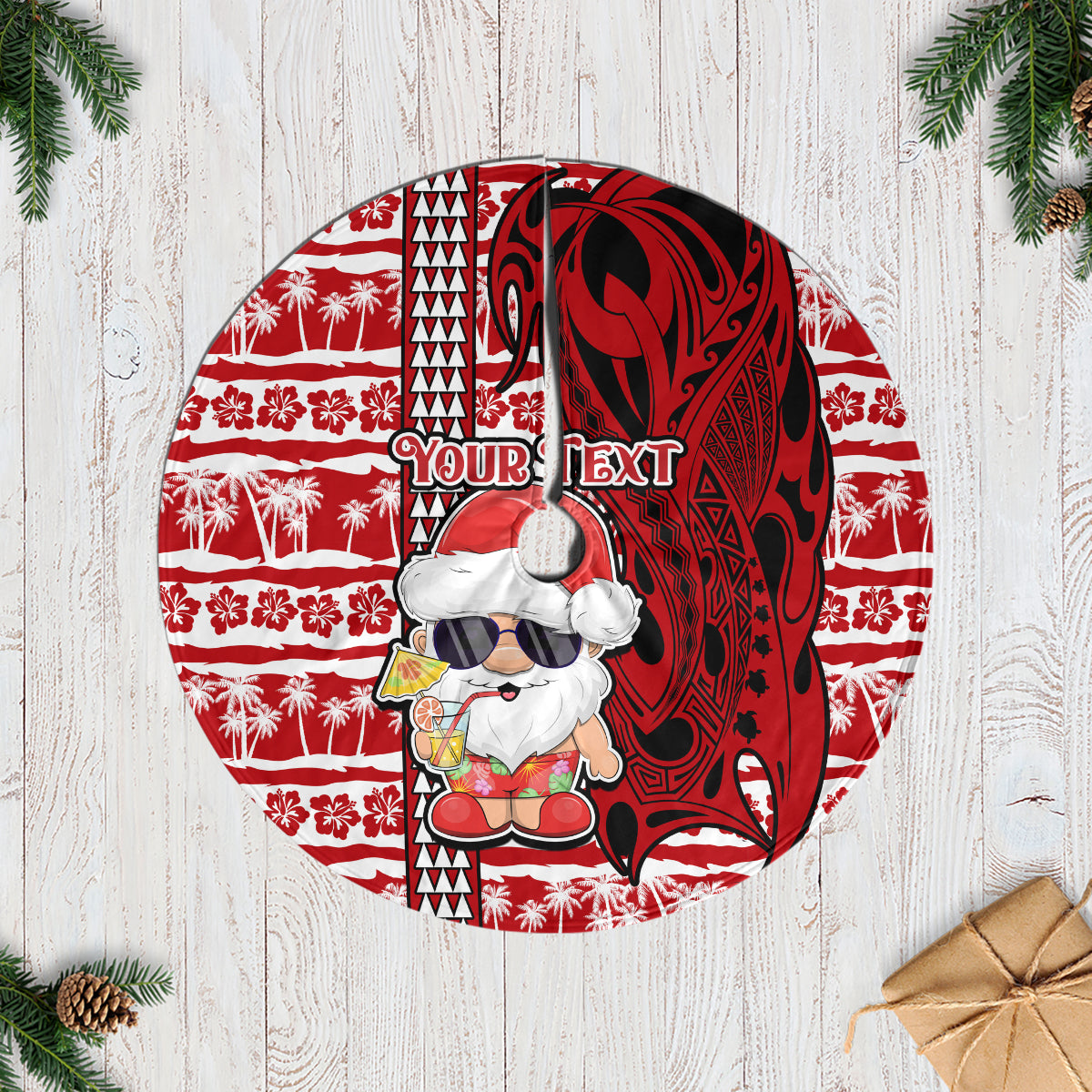 Custom Mele Kalikimaka Hawaii Christmas Tree Skirt Santa Claus Kakau Tribal Mix Polynesia Tattoo LT03 Red - Polynesian Pride