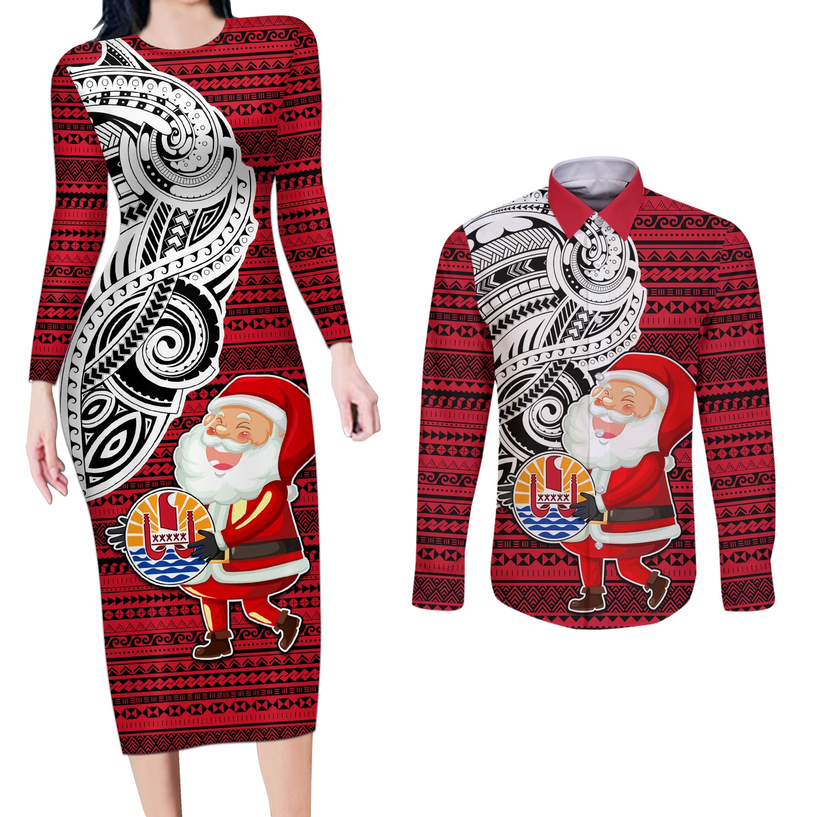 French Polynesia Christmas Couples Matching Long Sleeve Bodycon Dress and Long Sleeve Button Shirt Santa Hold Seal with Polynesian Tribal Tattoo LT03 Red - Polynesian Pride