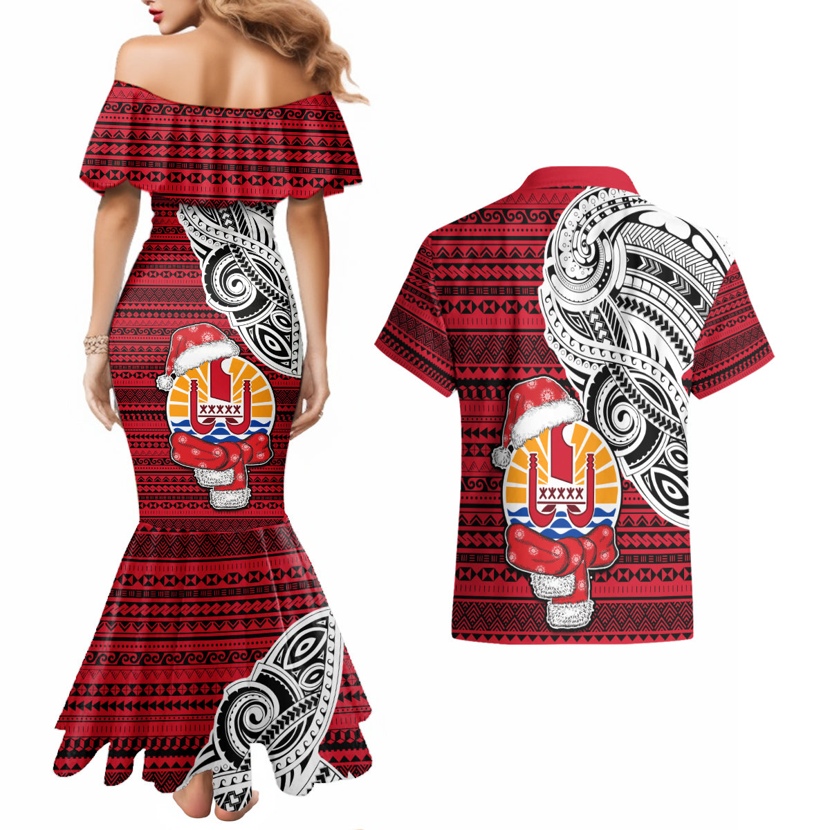 French Polynesia Christmas Couples Matching Mermaid Dress and Hawaiian Shirt Santa Hold Seal with Polynesian Tribal Tattoo LT03 - Polynesian Pride