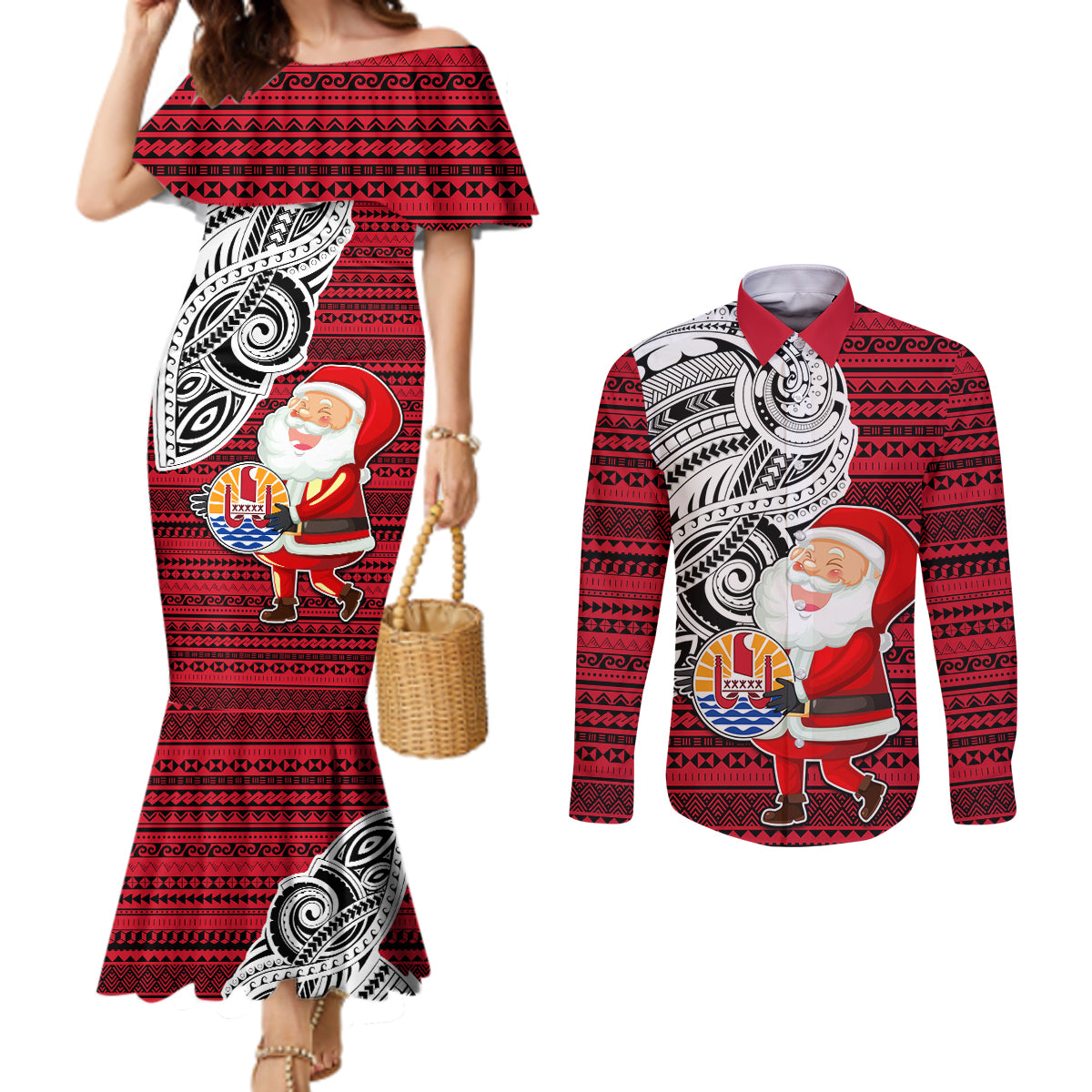 French Polynesia Christmas Couples Matching Mermaid Dress and Long Sleeve Button Shirt Santa Hold Seal with Polynesian Tribal Tattoo LT03 Red - Polynesian Pride