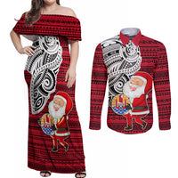 French Polynesia Christmas Couples Matching Off Shoulder Maxi Dress and Long Sleeve Button Shirt Santa Hold Seal with Polynesian Tribal Tattoo LT03 Red - Polynesian Pride