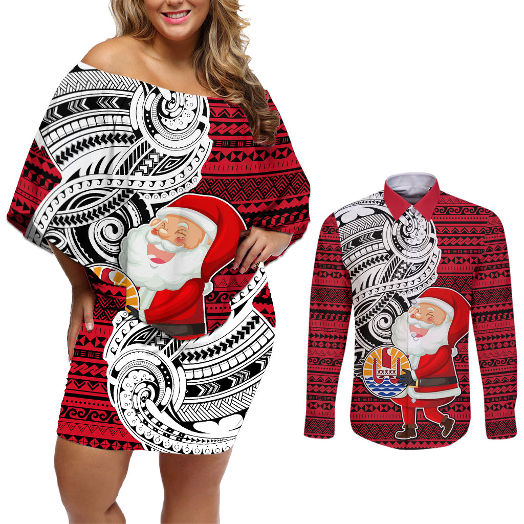 French Polynesia Christmas Couples Matching Off Shoulder Short Dress and Long Sleeve Button Shirt Santa Hold Seal with Polynesian Tribal Tattoo LT03 Red - Polynesian Pride