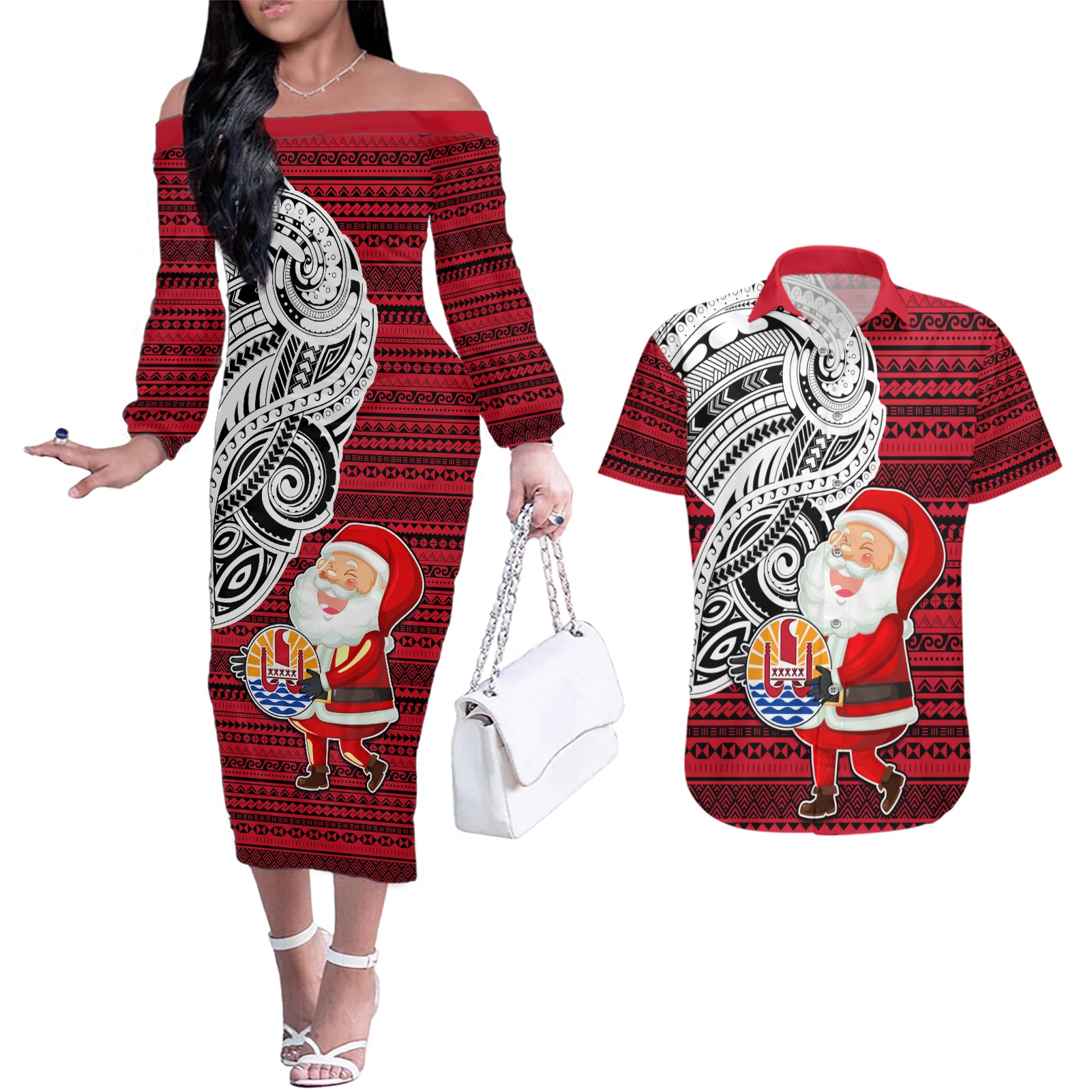 French Polynesia Christmas Couples Matching Off The Shoulder Long Sleeve Dress and Hawaiian Shirt Santa Hold Seal with Polynesian Tribal Tattoo LT03 Red - Polynesian Pride