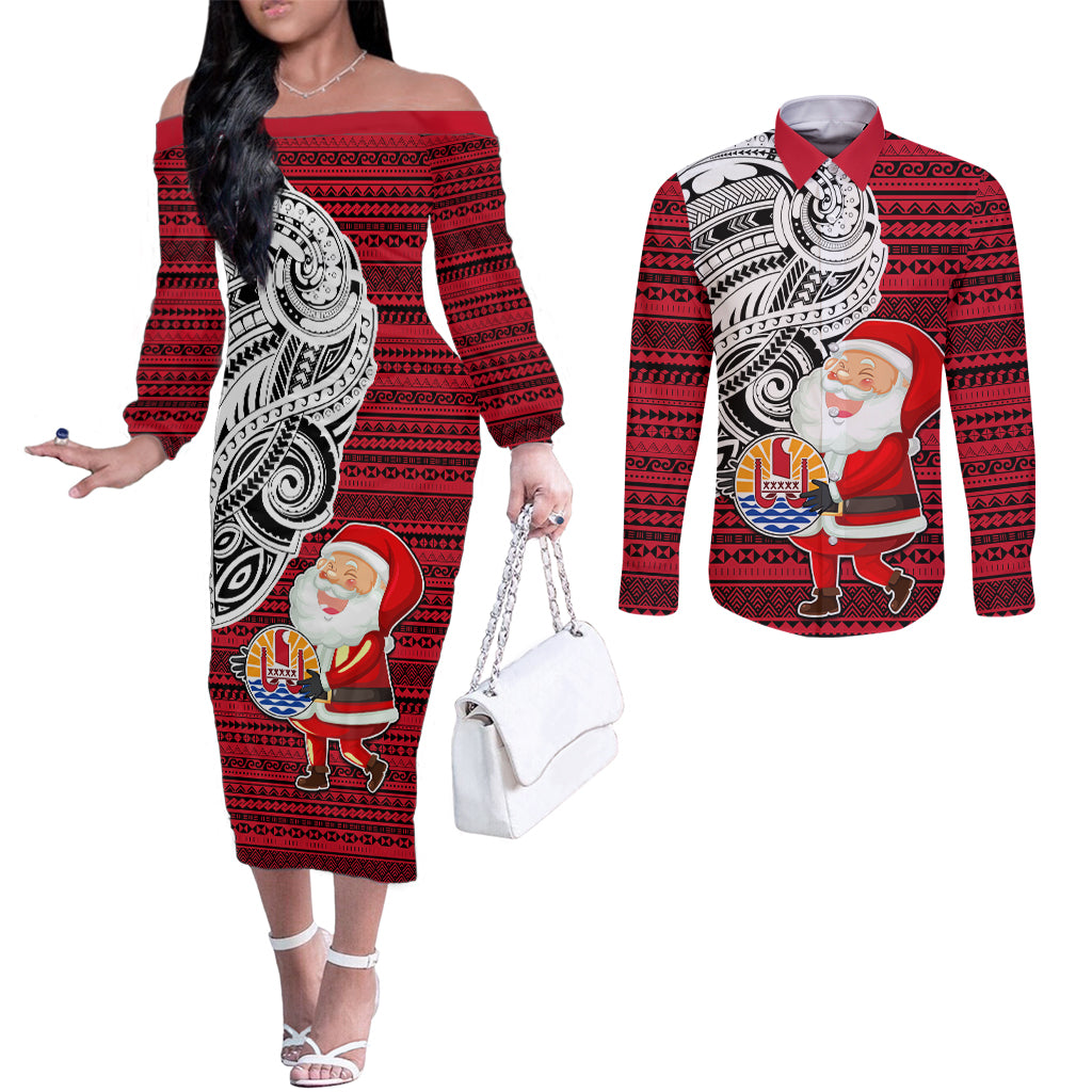 French Polynesia Christmas Couples Matching Off The Shoulder Long Sleeve Dress and Long Sleeve Button Shirt Santa Hold Seal with Polynesian Tribal Tattoo LT03 Red - Polynesian Pride