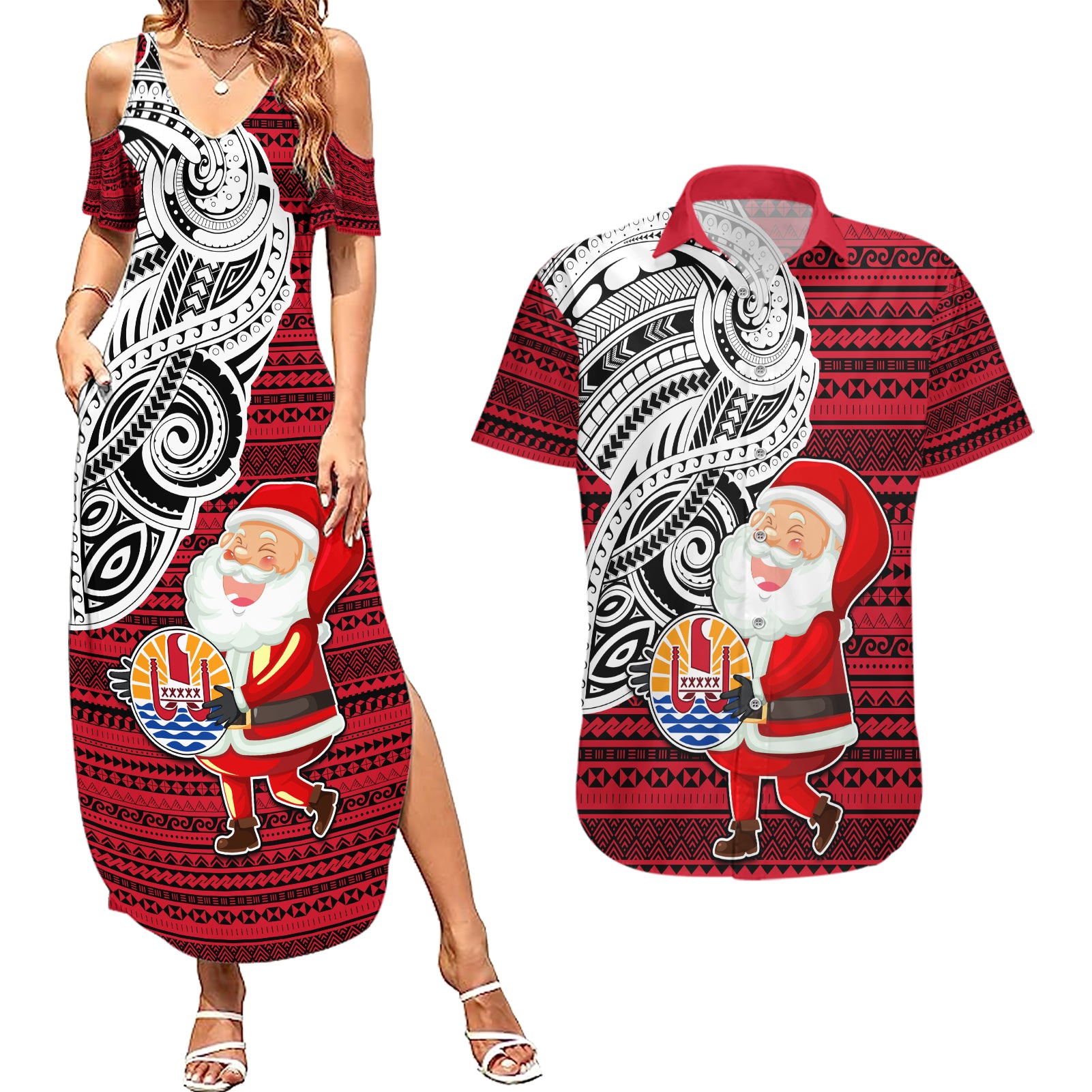 French Polynesia Christmas Couples Matching Summer Maxi Dress and Hawaiian Shirt Santa Hold Seal with Polynesian Tribal Tattoo LT03 Red - Polynesian Pride