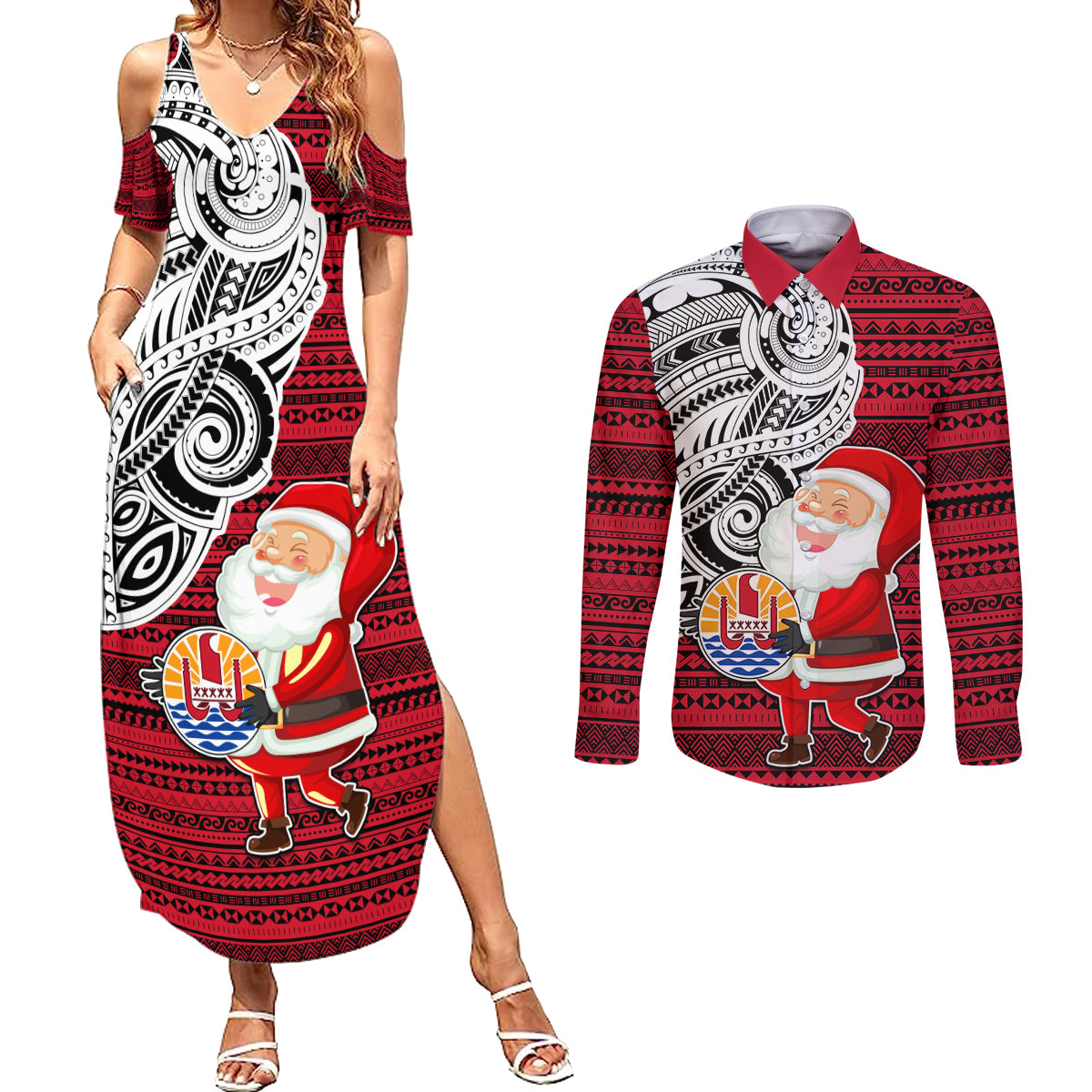 French Polynesia Christmas Couples Matching Summer Maxi Dress and Long Sleeve Button Shirt Santa Hold Seal with Polynesian Tribal Tattoo LT03 Red - Polynesian Pride
