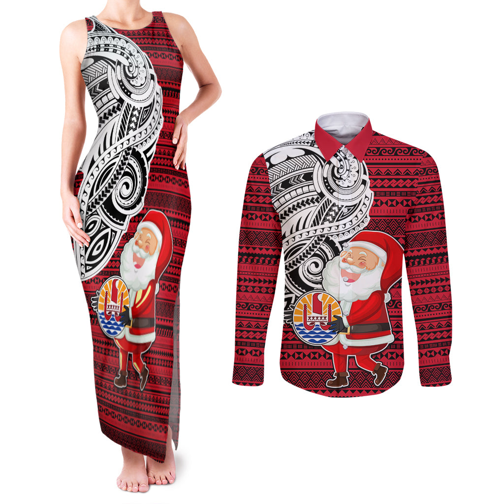 French Polynesia Christmas Couples Matching Tank Maxi Dress and Long Sleeve Button Shirt Santa Hold Seal with Polynesian Tribal Tattoo LT03 Red - Polynesian Pride