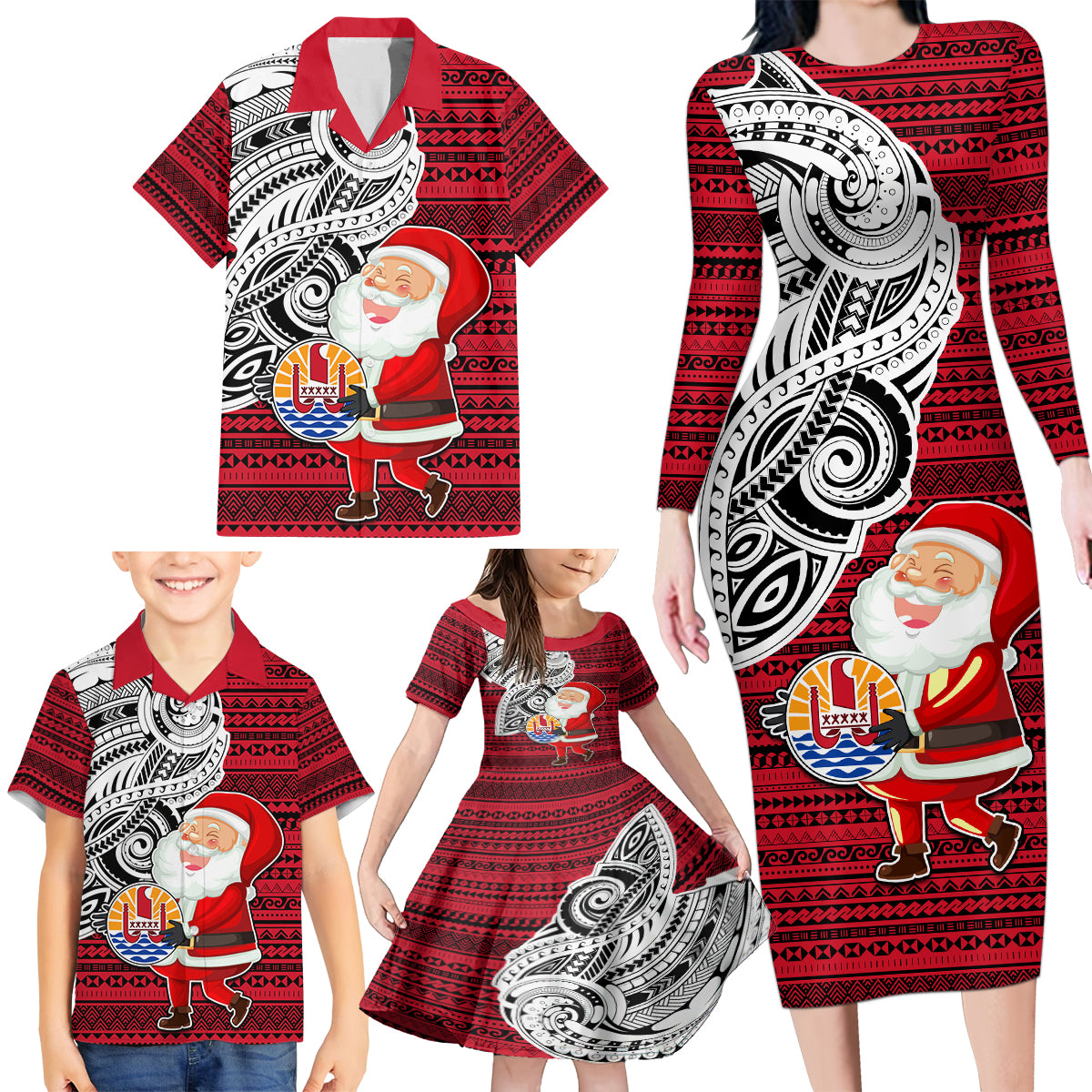 French Polynesia Christmas Family Matching Long Sleeve Bodycon Dress and Hawaiian Shirt Santa Hold Seal with Polynesian Tribal Tattoo LT03 - Polynesian Pride