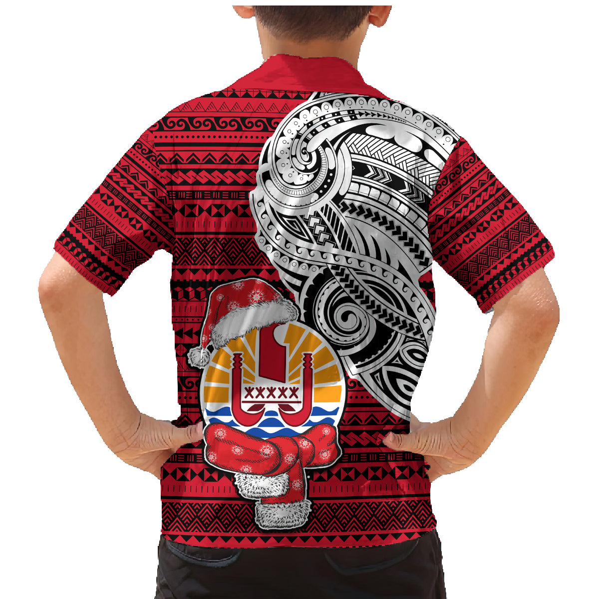 French Polynesia Christmas Family Matching Mermaid Dress and Hawaiian Shirt Santa Hold Seal with Polynesian Tribal Tattoo LT03 - Polynesian Pride