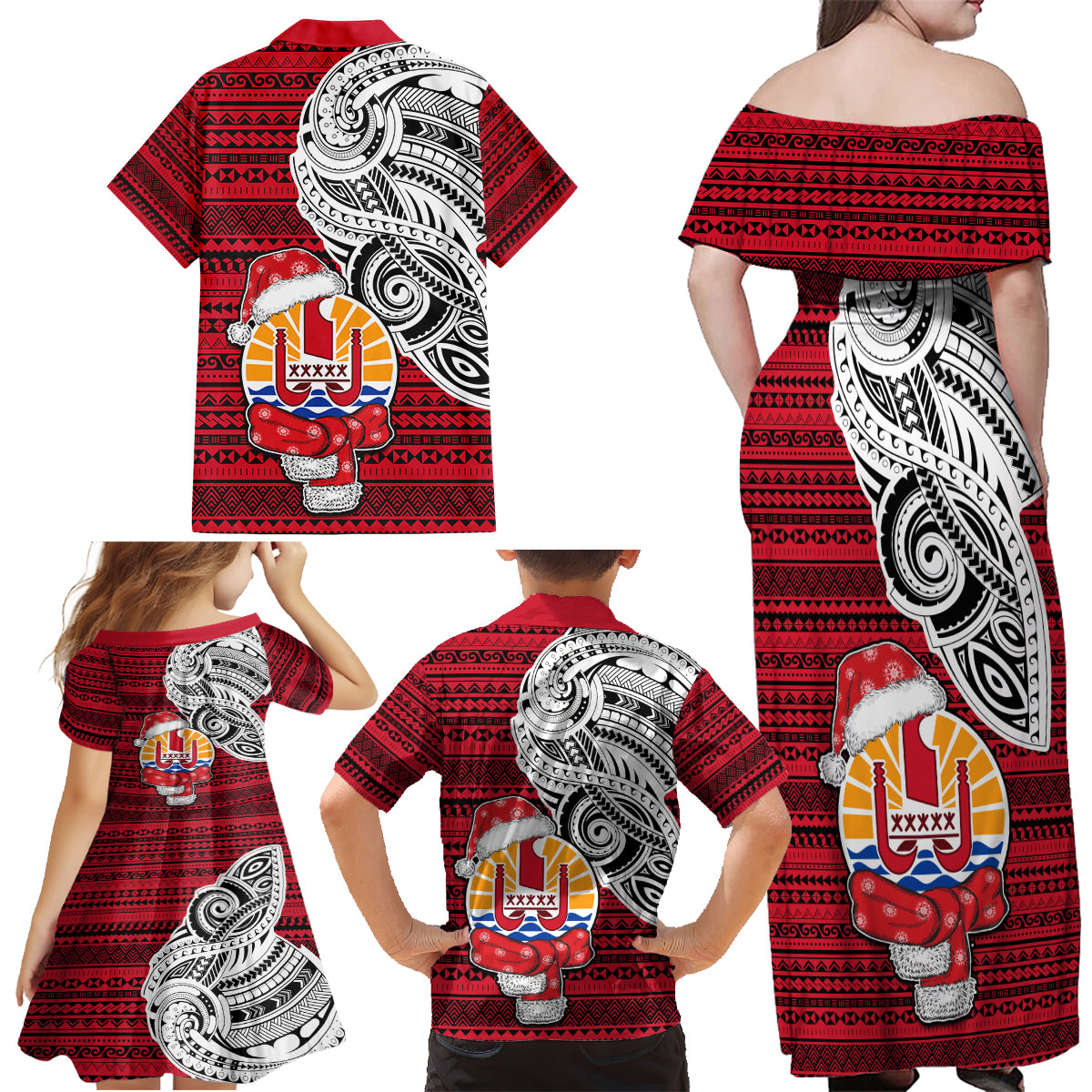French Polynesia Christmas Family Matching Off Shoulder Maxi Dress and Hawaiian Shirt Santa Hold Seal with Polynesian Tribal Tattoo LT03 - Polynesian Pride