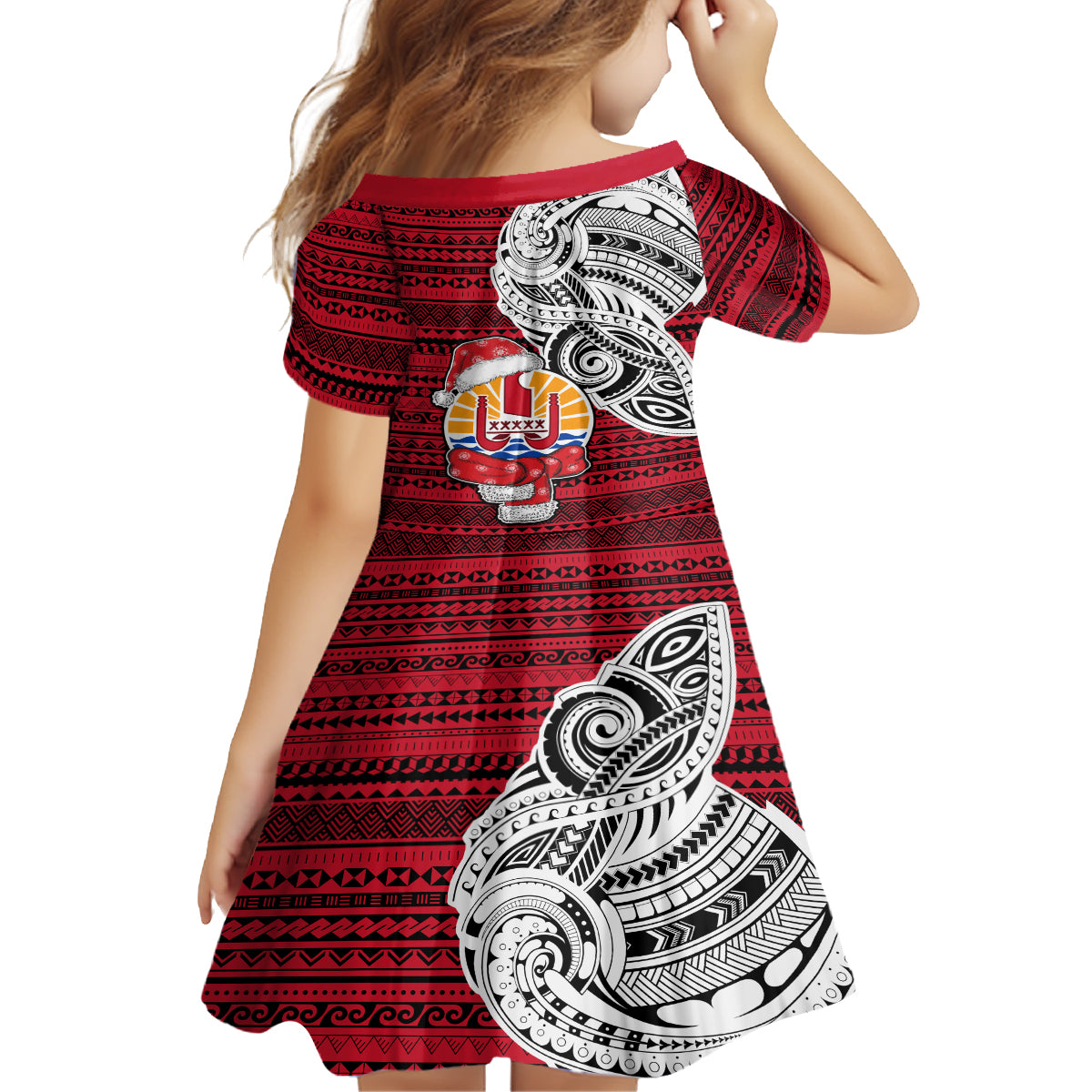 French Polynesia Christmas Family Matching Off Shoulder Short Dress and Hawaiian Shirt Santa Hold Seal with Polynesian Tribal Tattoo LT03 - Polynesian Pride