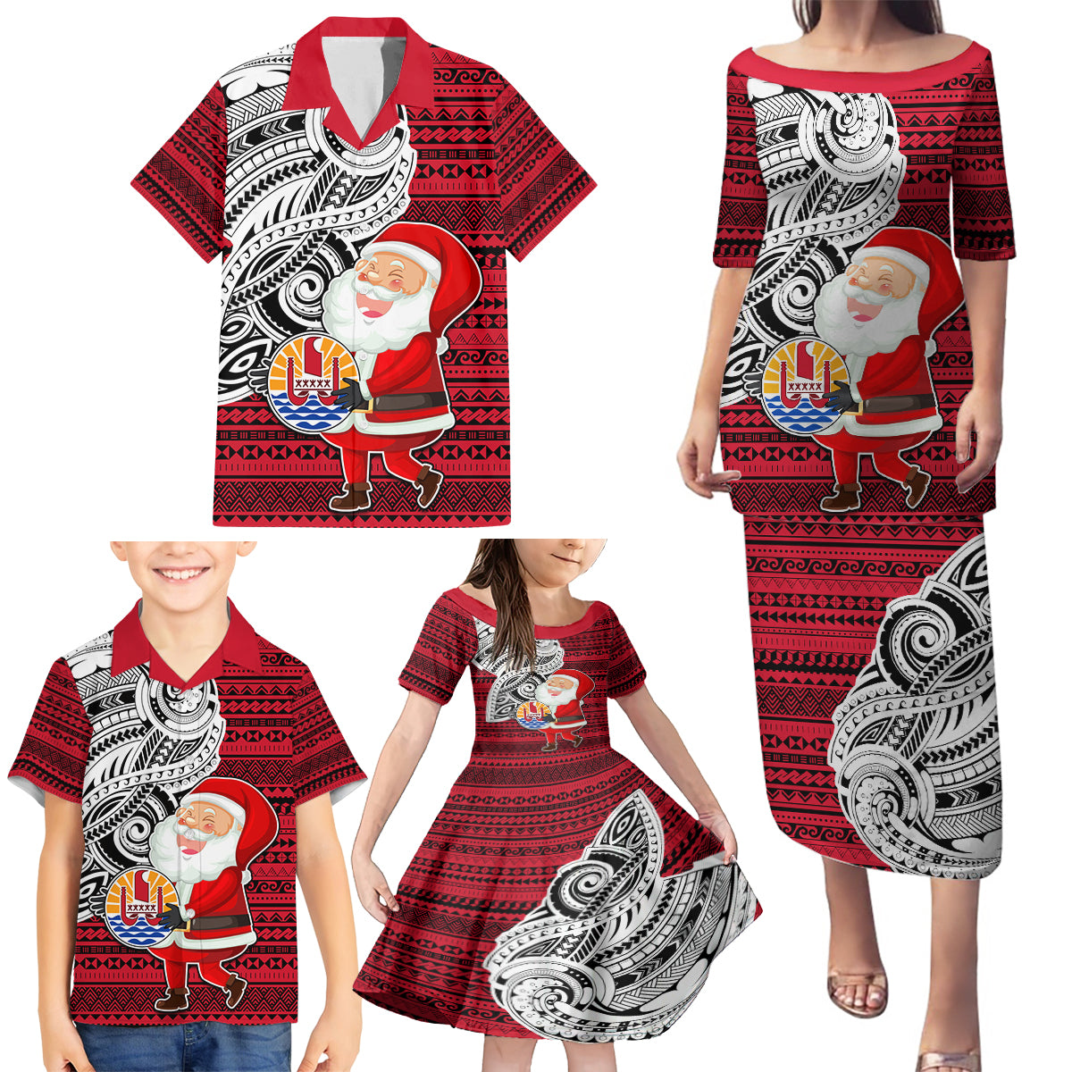 French Polynesia Christmas Family Matching Puletasi Dress and Hawaiian Shirt Santa Hold Seal with Polynesian Tribal Tattoo LT03 - Polynesian Pride