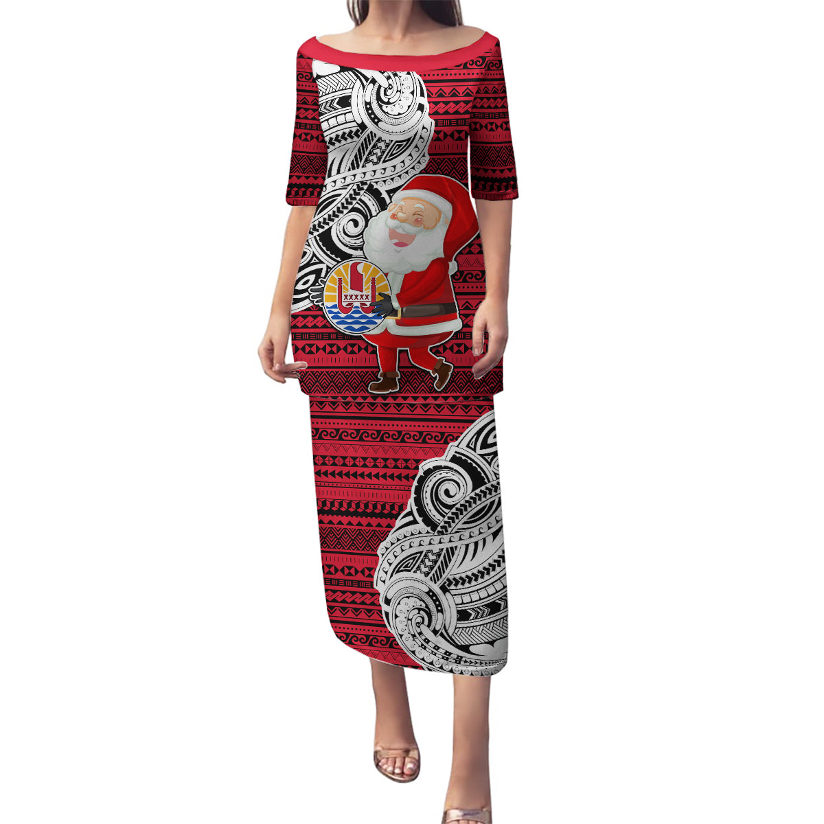 French Polynesia Christmas Family Matching Puletasi Dress and Hawaiian Shirt Santa Hold Seal with Polynesian Tribal Tattoo LT03 Mom's Dress Red - Polynesian Pride