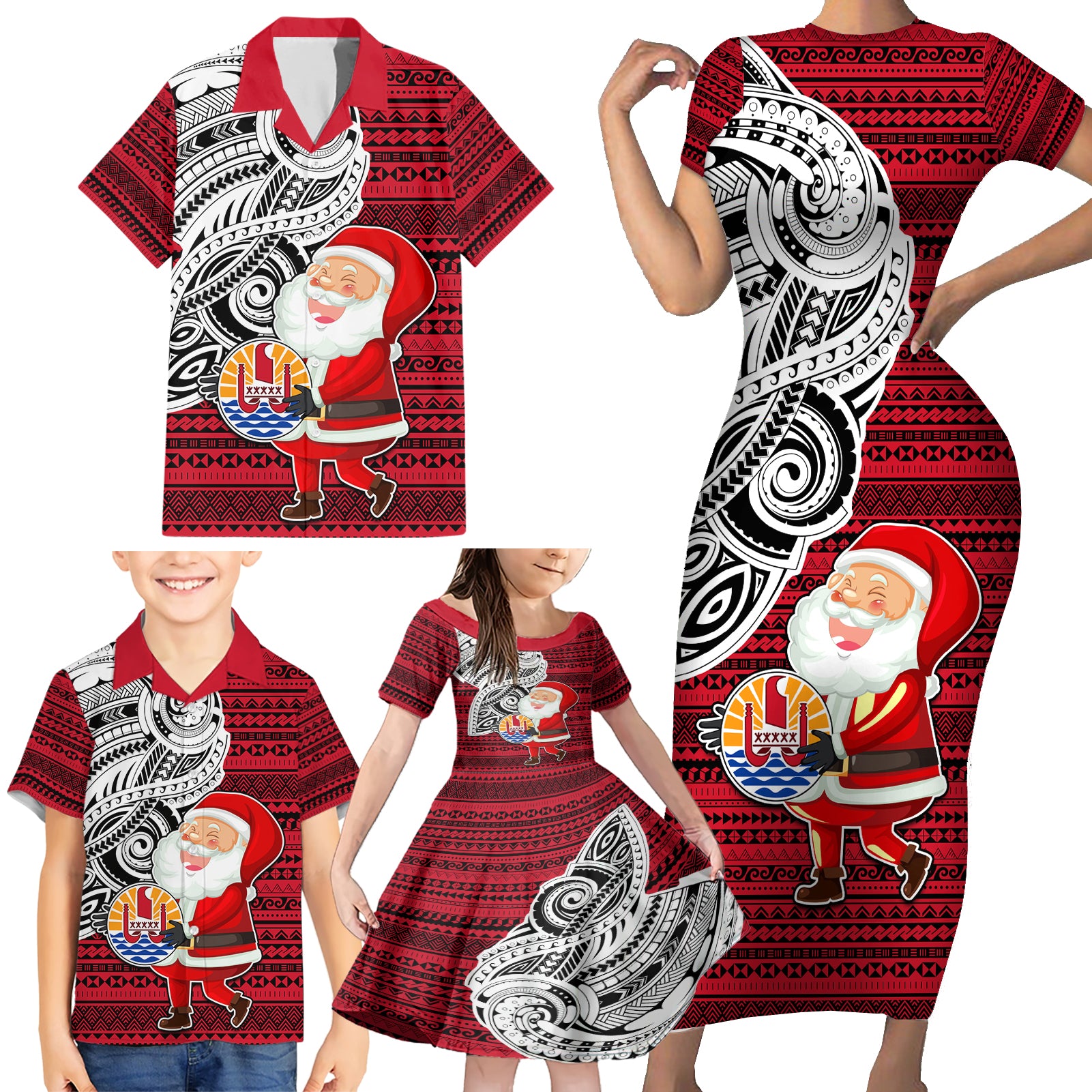 French Polynesia Christmas Family Matching Short Sleeve Bodycon Dress and Hawaiian Shirt Santa Hold Seal with Polynesian Tribal Tattoo LT03 - Polynesian Pride