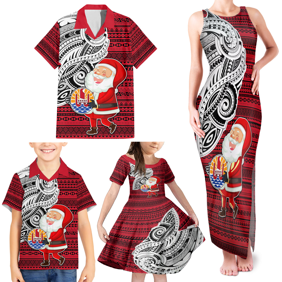French Polynesia Christmas Family Matching Tank Maxi Dress and Hawaiian Shirt Santa Hold Seal with Polynesian Tribal Tattoo LT03 - Polynesian Pride
