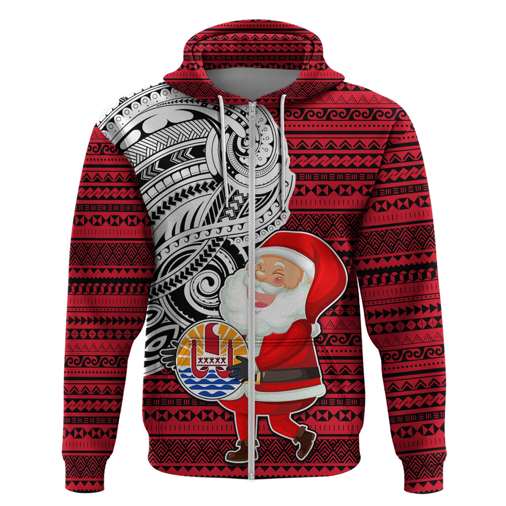 French Polynesia Christmas Hoodie Santa Hold Seal with Polynesian Tribal Tattoo LT03 Zip Hoodie Red - Polynesian Pride