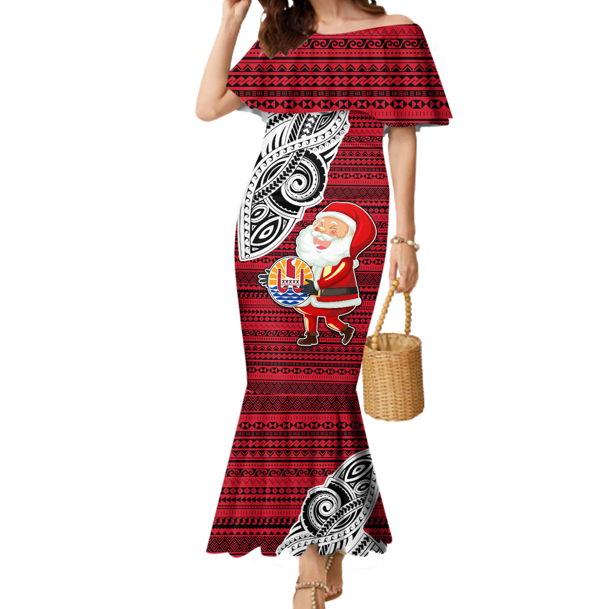 French Polynesia Christmas Mermaid Dress Santa Hold Seal with Polynesian Tribal Tattoo LT03 Women Red - Polynesian Pride